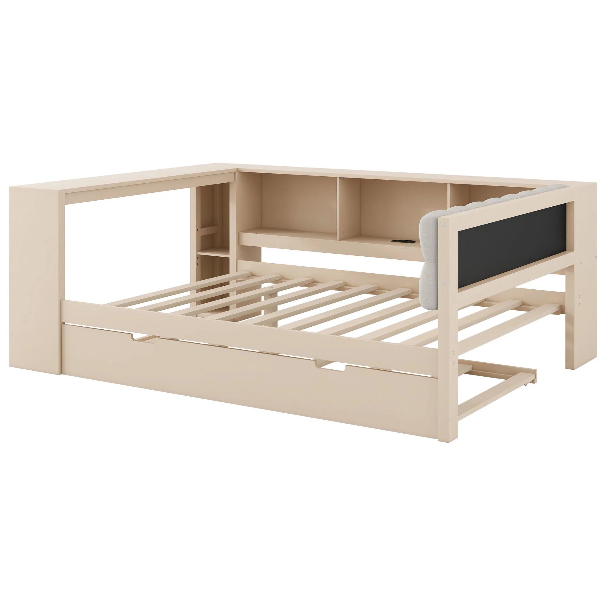 Upholstered Headboard Platform Bed With Storage Shelves, Trundle, Charging Station - Image 25