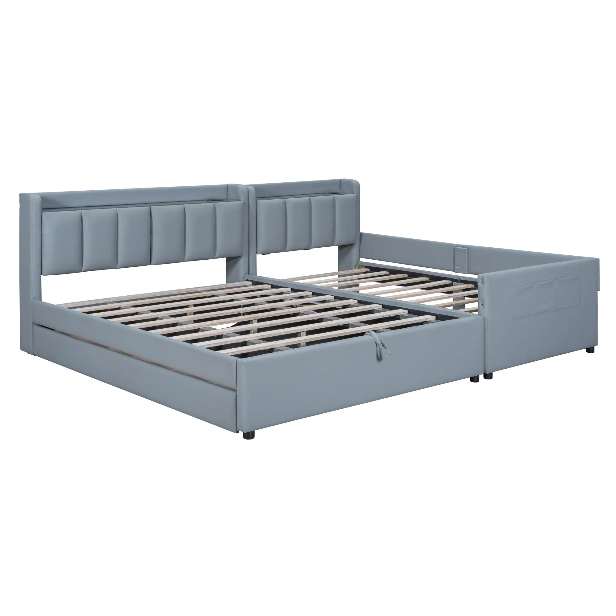 Upholstered Mother & Child Bed With Hydraulic Storage System, Drawer Box, Bedhead Storage Shelf And 2 Pairs Of Sockets & USB Ports - Image 5