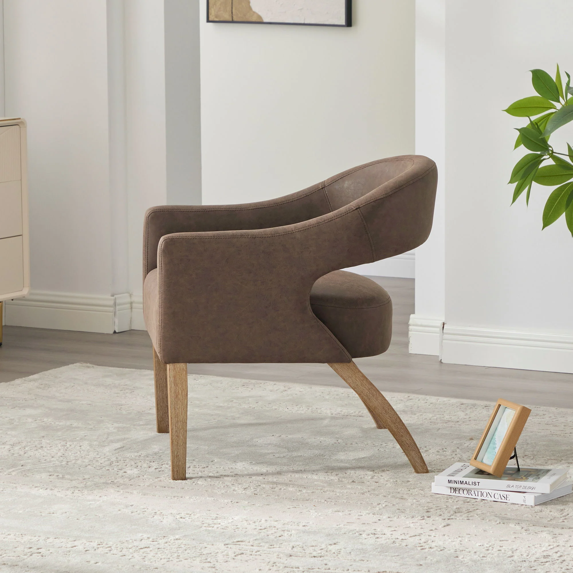 Upholstered Open Back Armchair With Weathered Rubberwood Legs - Image 10