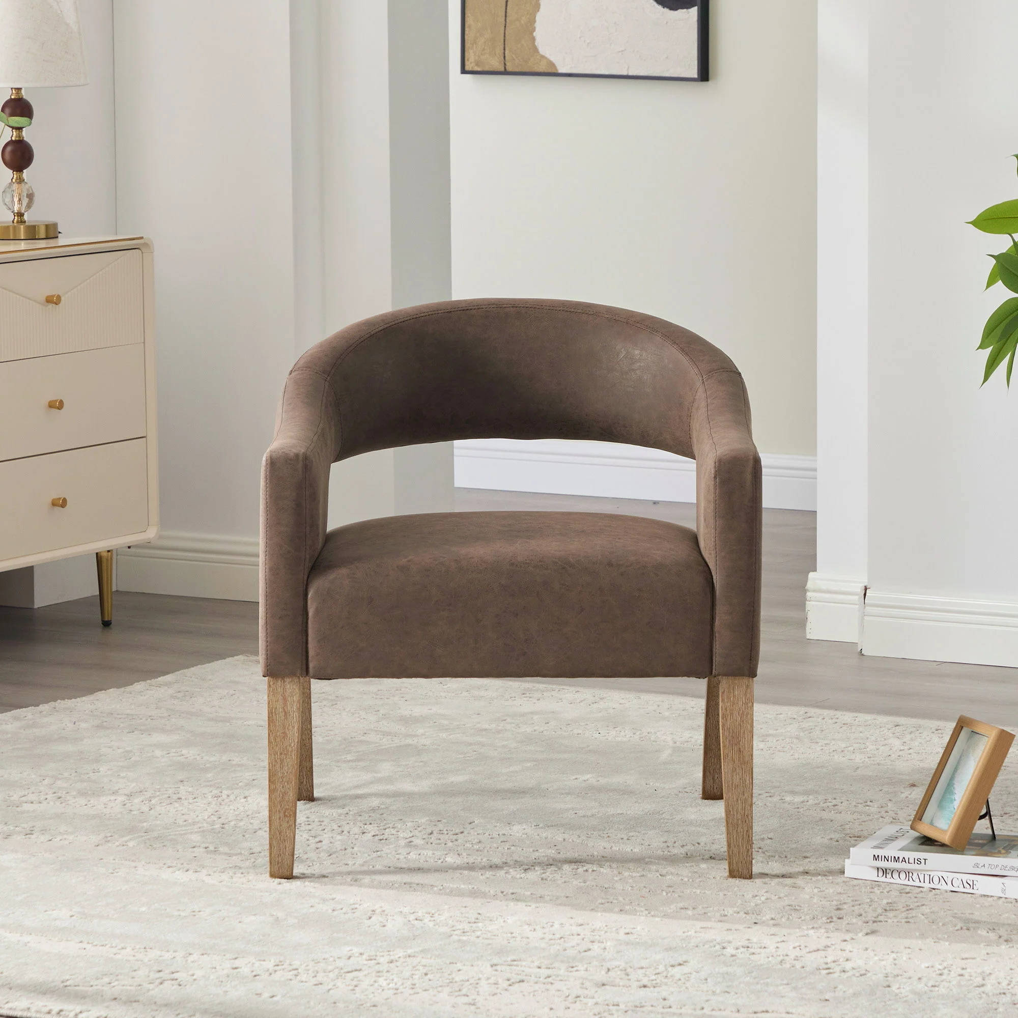 Upholstered Open Back Armchair With Weathered Rubberwood Legs - Image 6