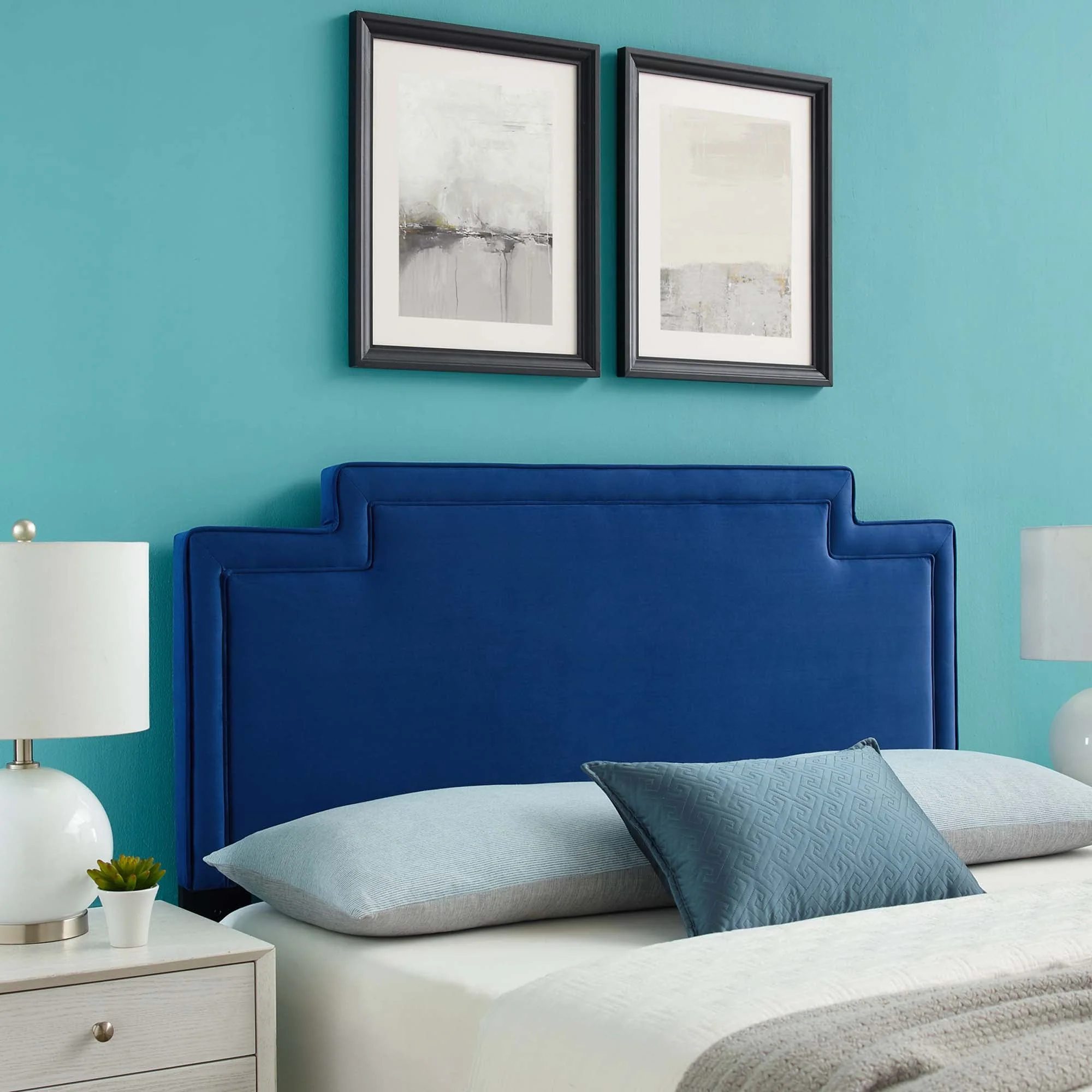 Upholstered Performance Velvet Headboard with Piping Detail - Image 18