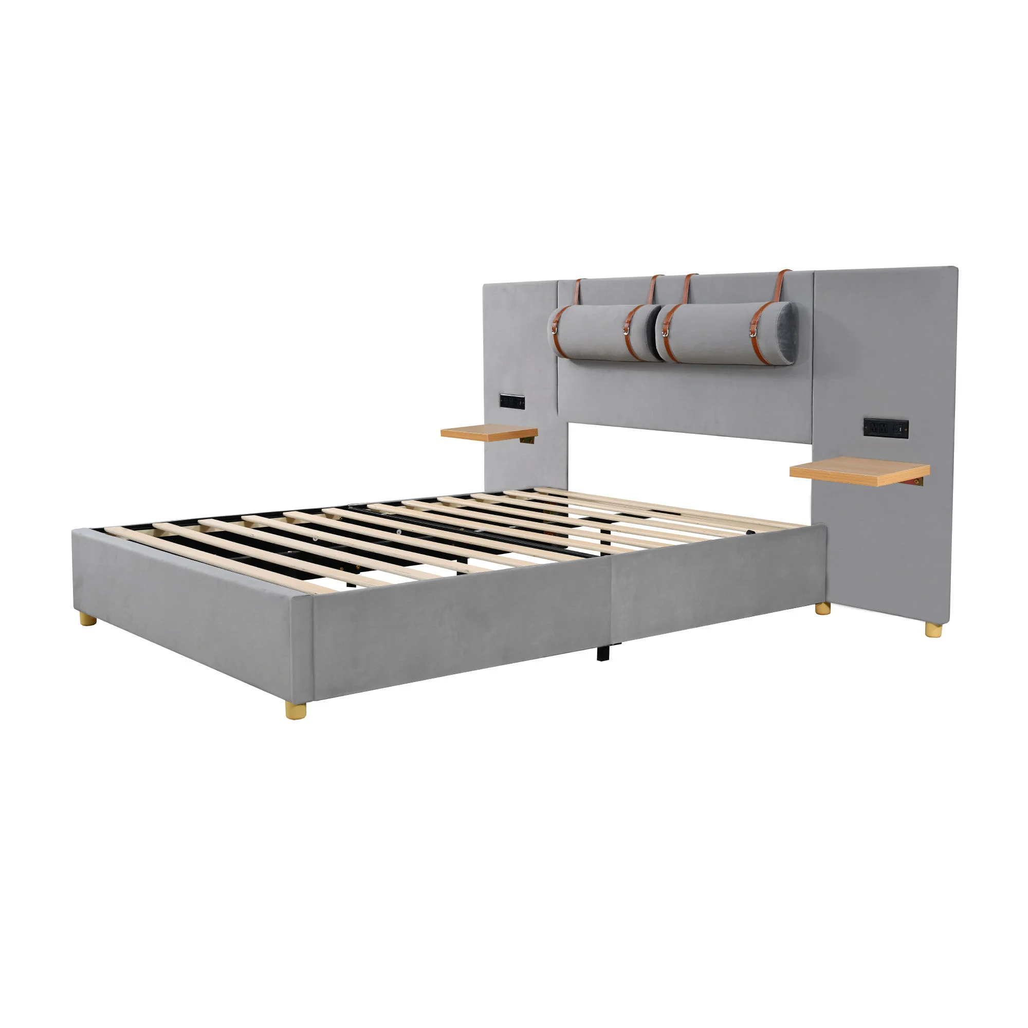 Upholstered Platform Bed, 2 Outlets And USB Charging Ports On Both Sides, 2 Bedside Pillows, Storage Shelves - Image 8