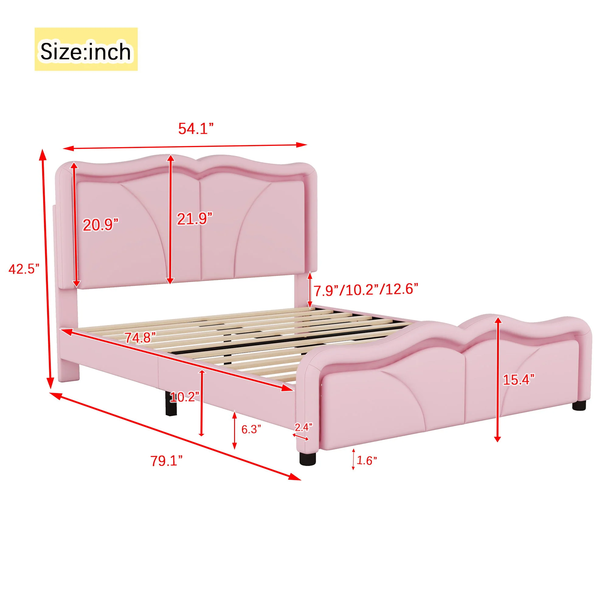 Upholstered Platform Bed & Curve Shaped And Height Adjustable Headboard, LED Light Strips - Image 6
