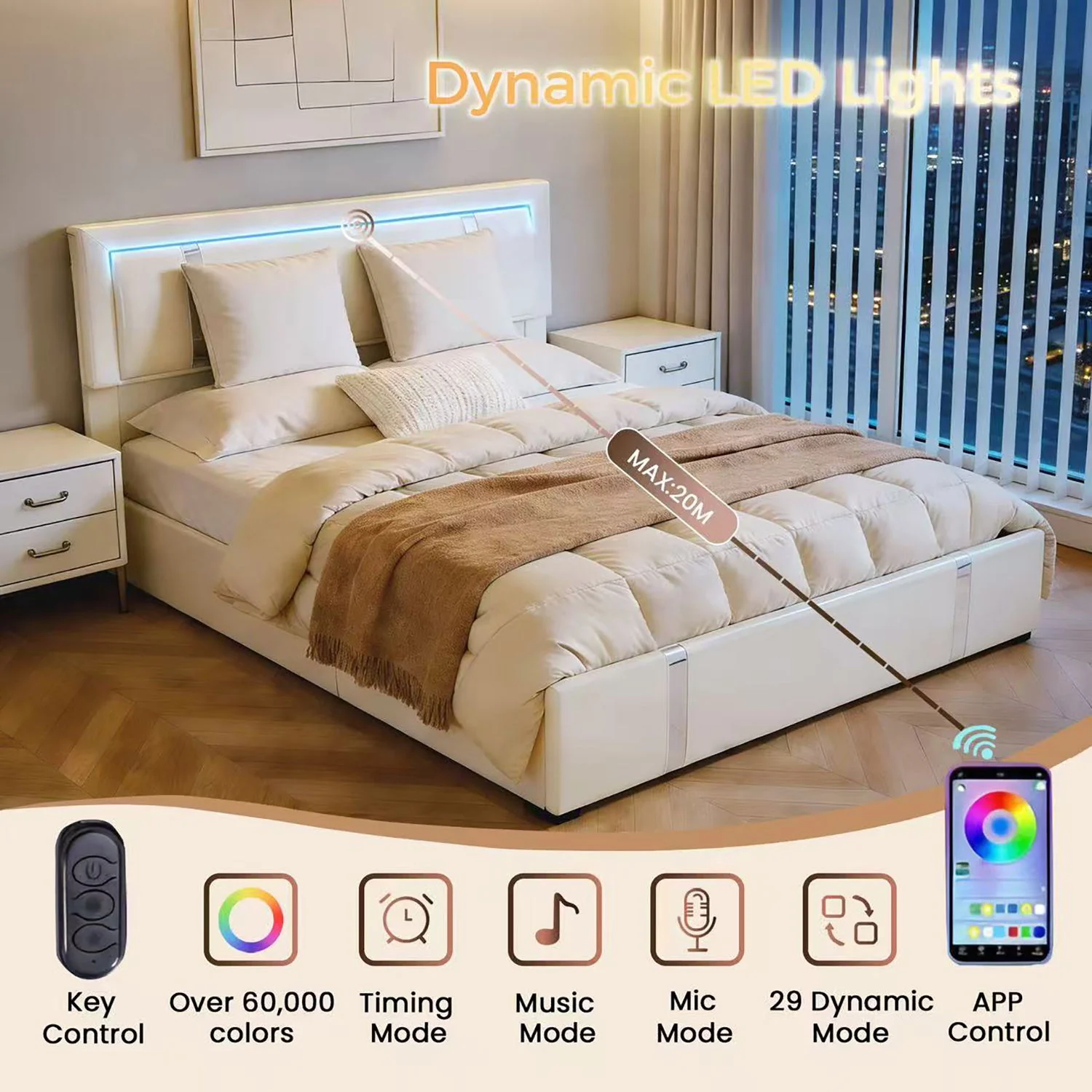 Upholstered Platform Bed Frame With Adjustable LED Headboard, USB C-Charging, Hydraulic Lift - Image 7