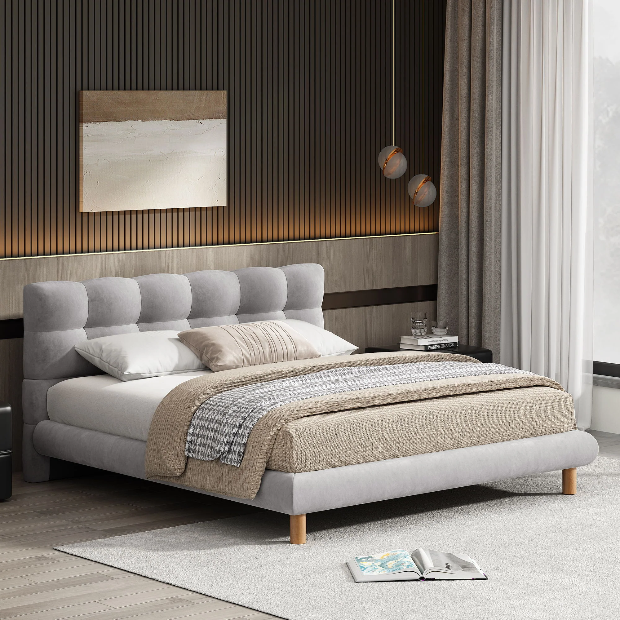 Upholstered Platform Bed Frame With Cookie Shaped Headboard - Image 8