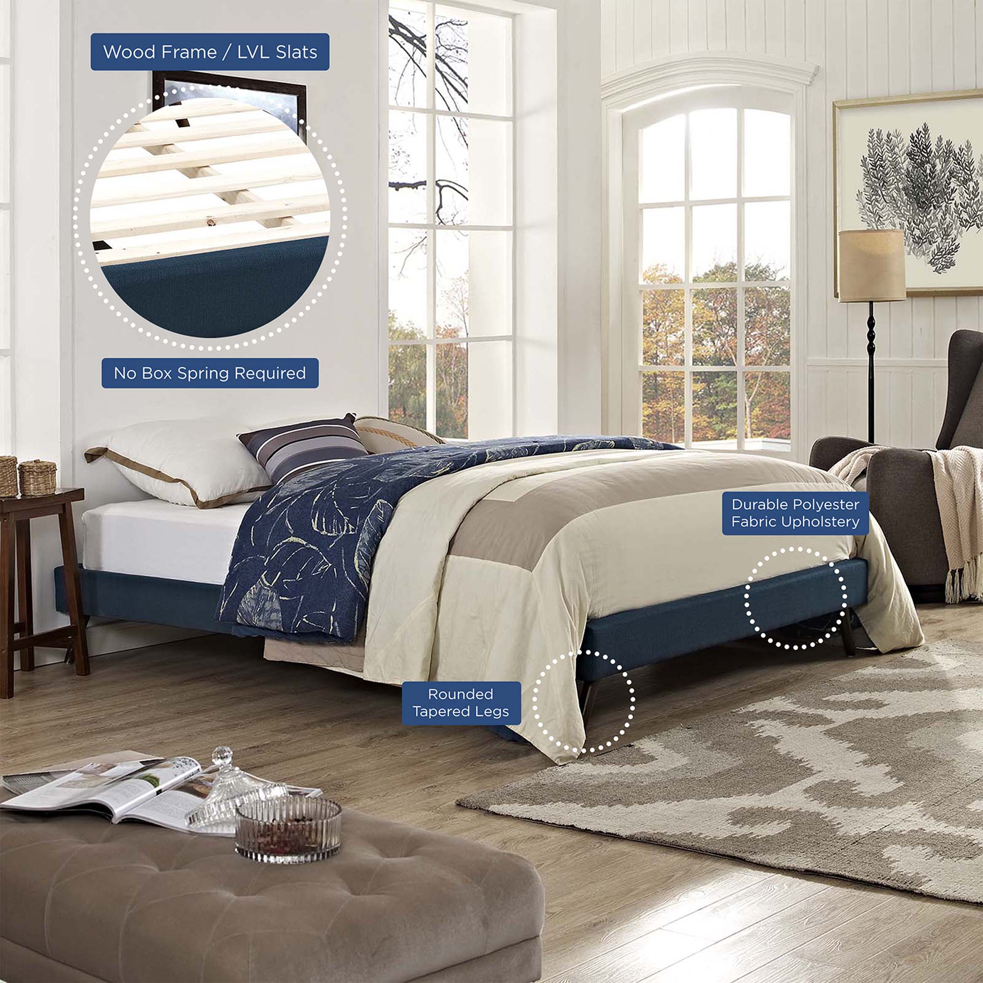 Upholstered Platform Bed Frame with Round Splayed Legs - Image 35