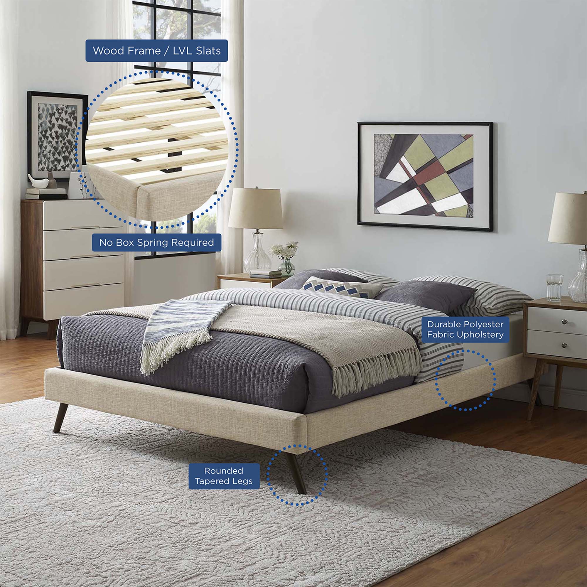 Upholstered Platform Bed Frame with Round Splayed Legs - Image 50