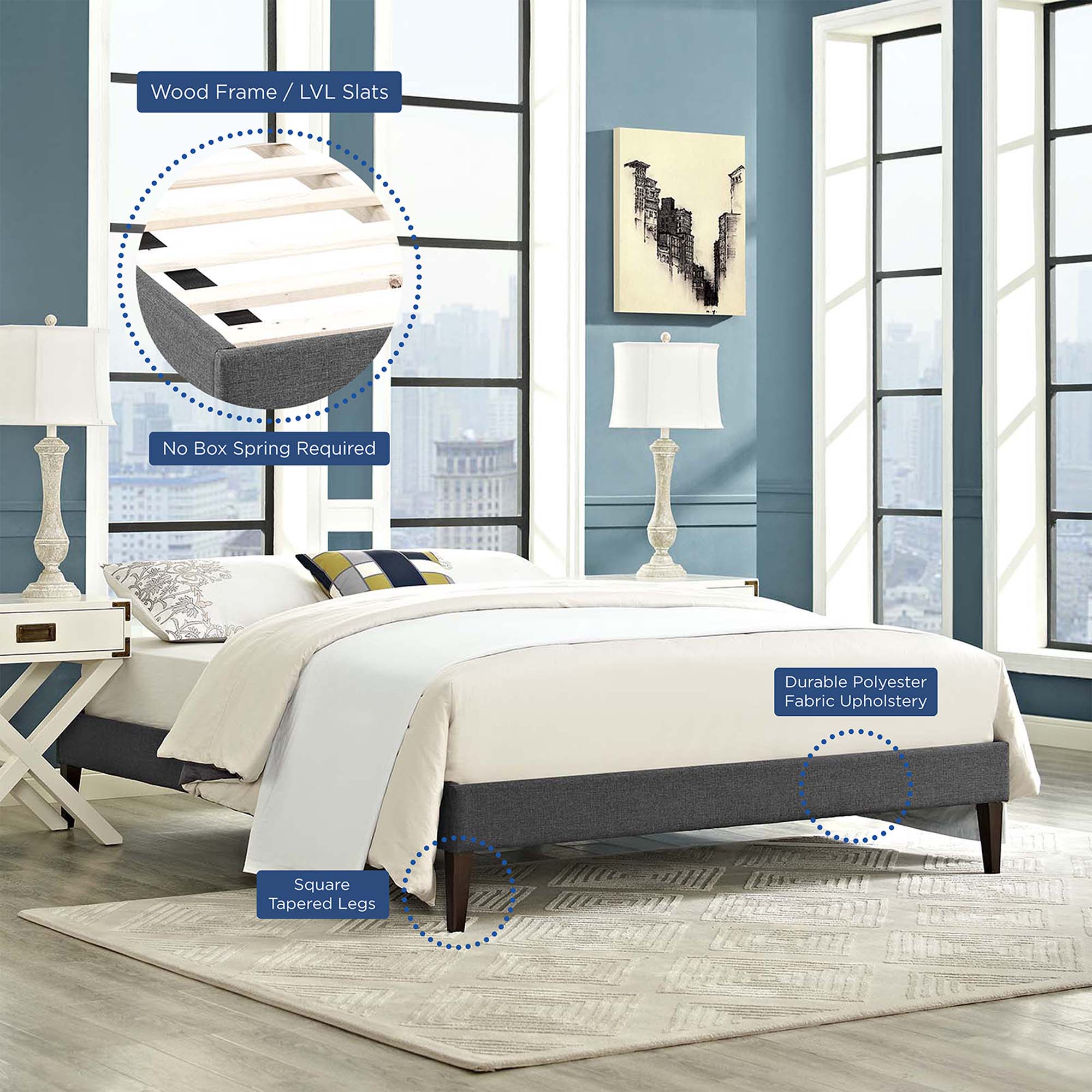 Upholstered Platform Bed Frame with Squared Tapered Legs - Image 10