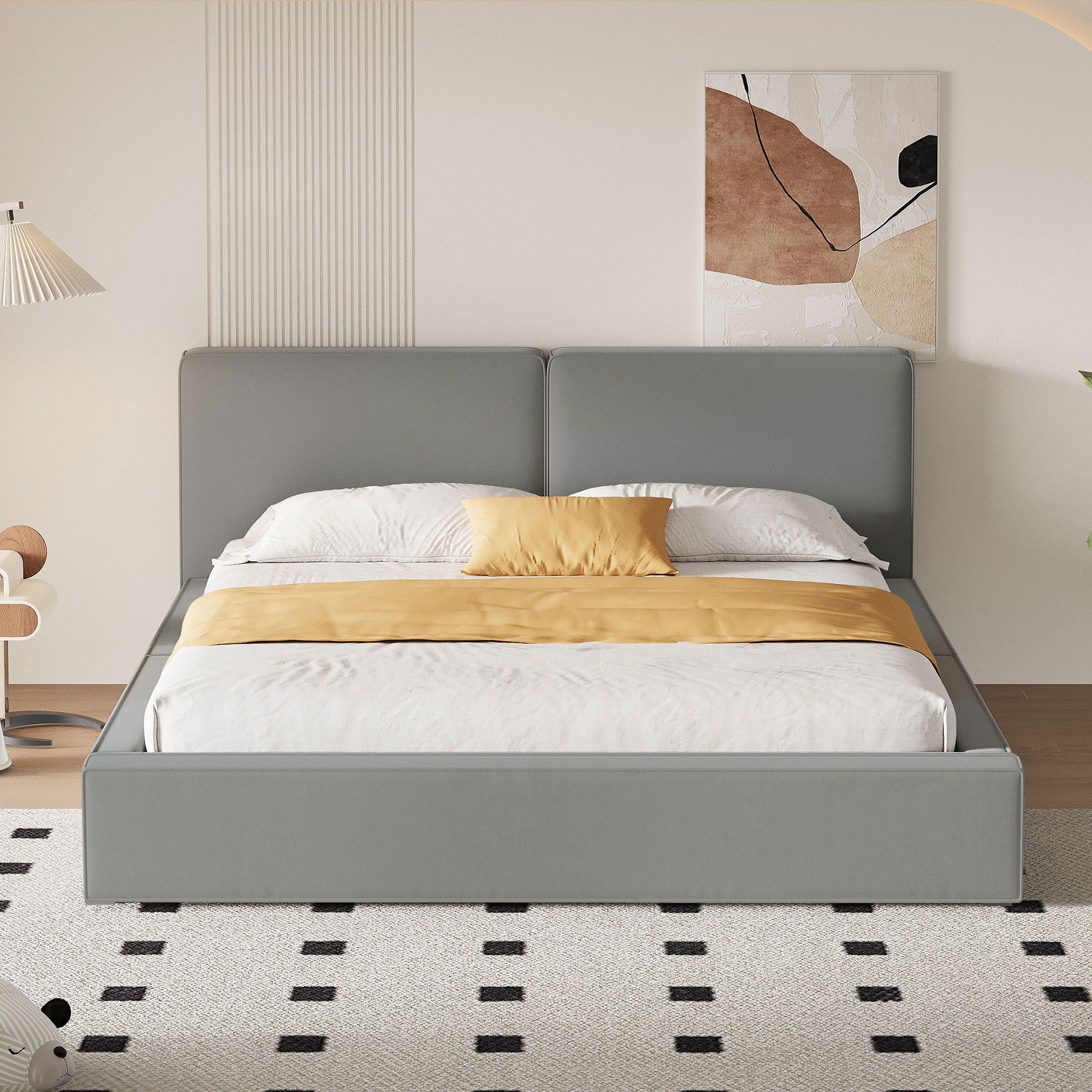 Upholstered Platform Bed, Grounded Bed With Solid Frame - Image 3