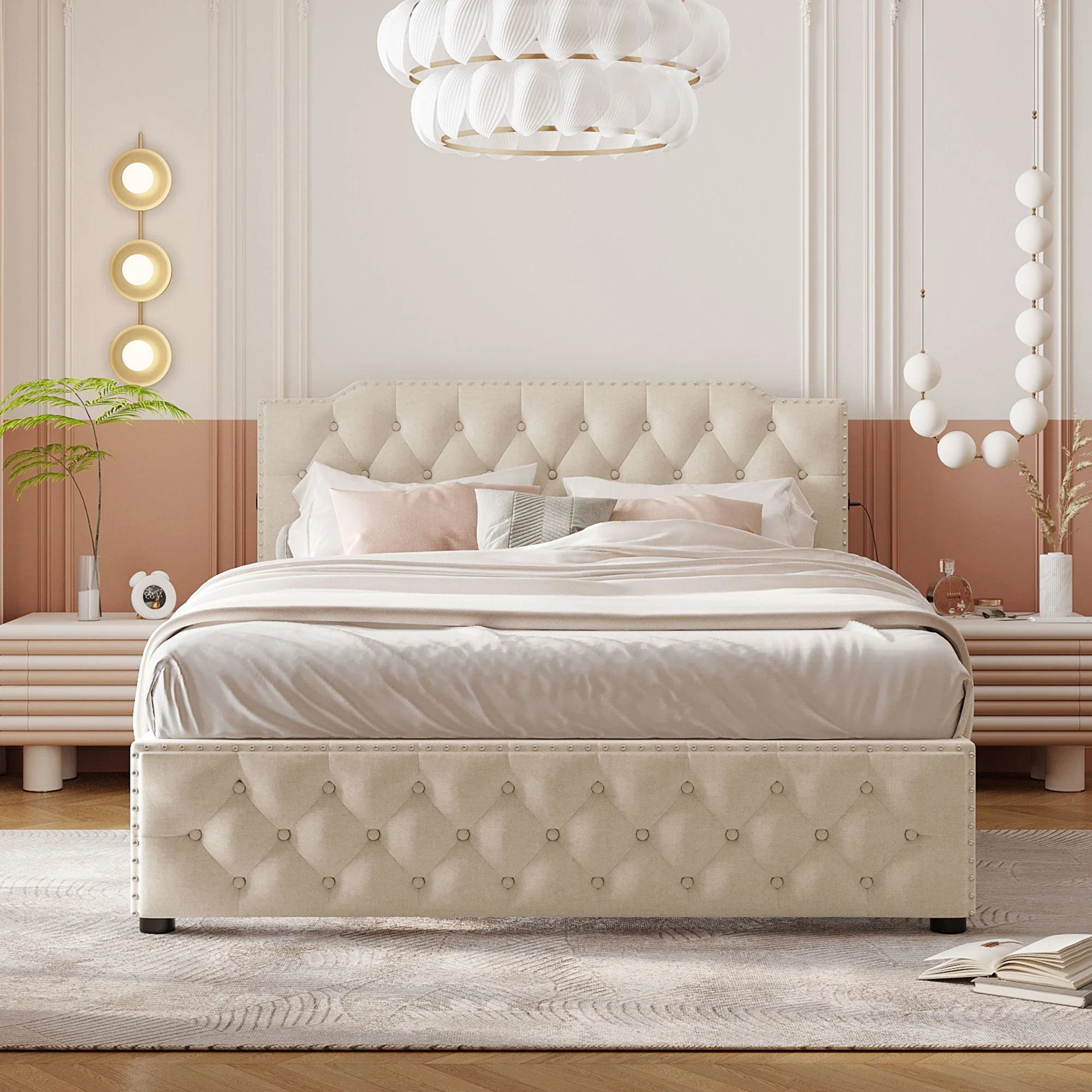 Upholstered Platform Bed With 2 Drawers And 2 Sets Of USB Ports On Each Side, Fabric - Image 12