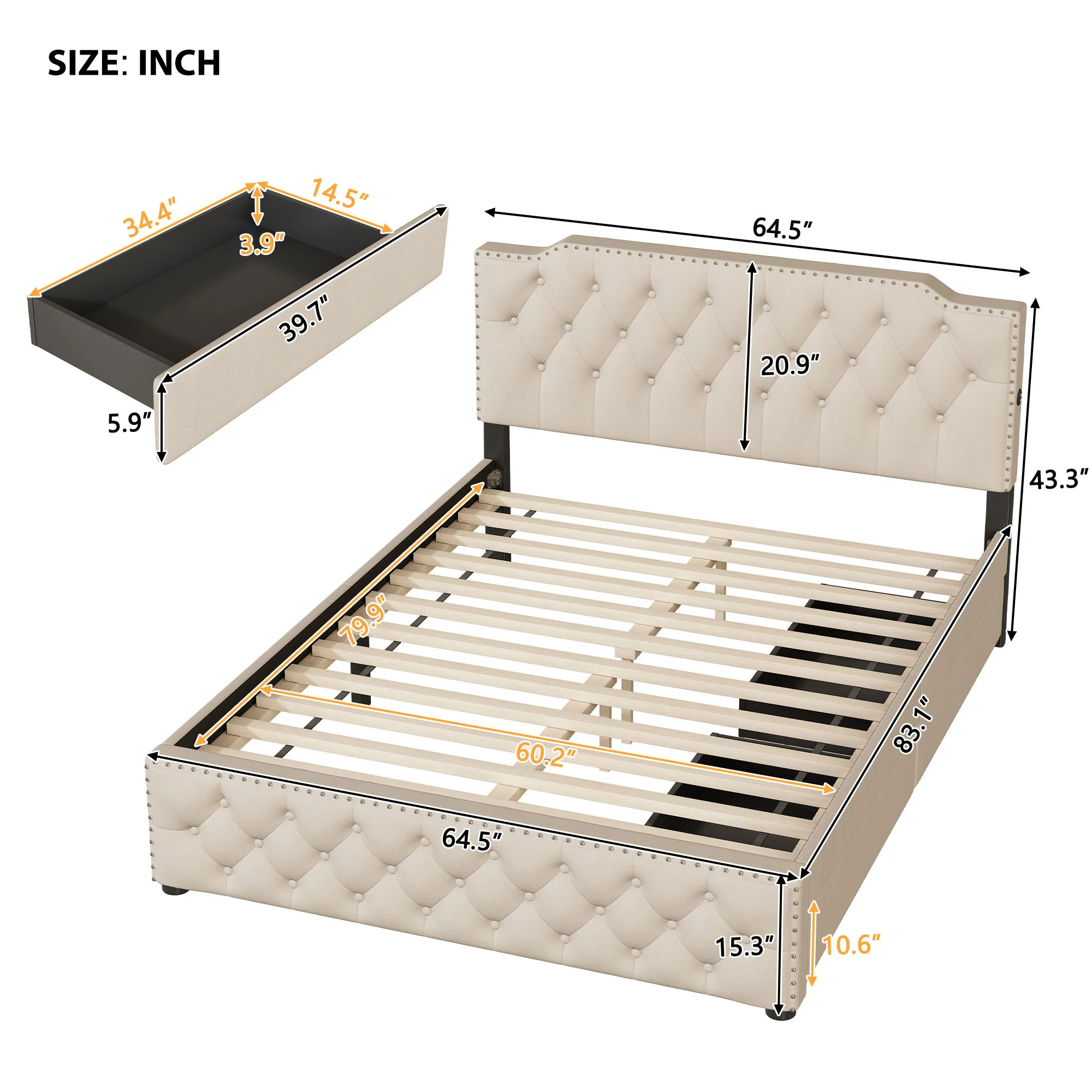 Upholstered Platform Bed With 2 Drawers And 2 Sets Of USB Ports On Each Side, Fabric - Image 5