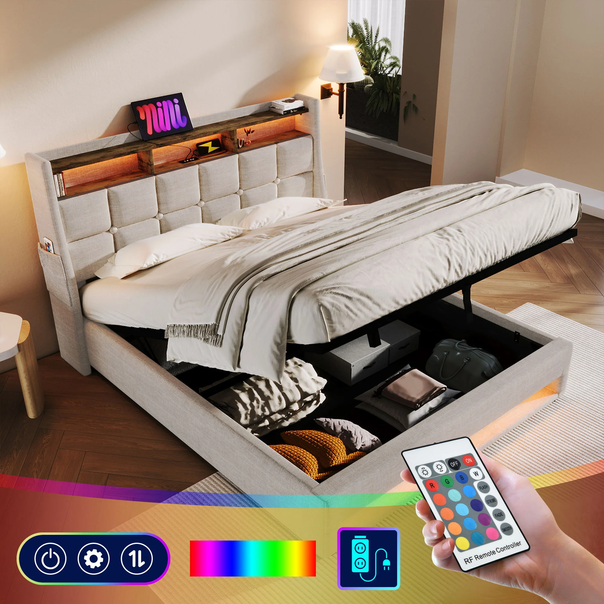 Upholstered Platform Bed With A Hydraulic Storage System, LED And USB Charging (Without Mattress) - Image 6