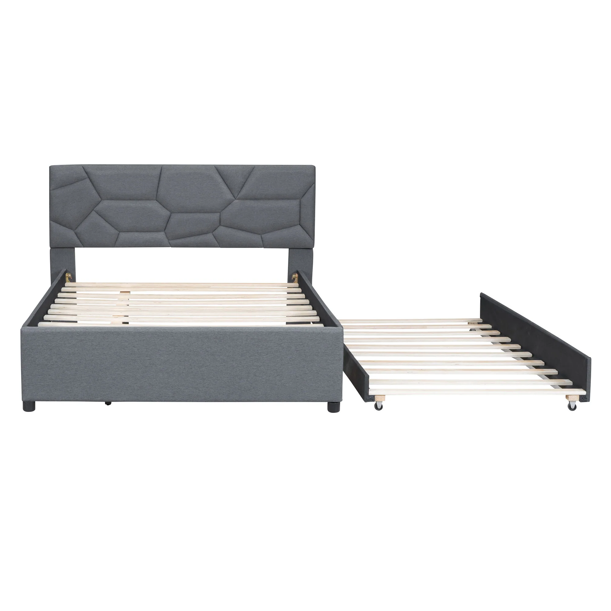 Upholstered Platform Bed With Brick Pattern Headboard And Twin Long Size Trundle - Image 10