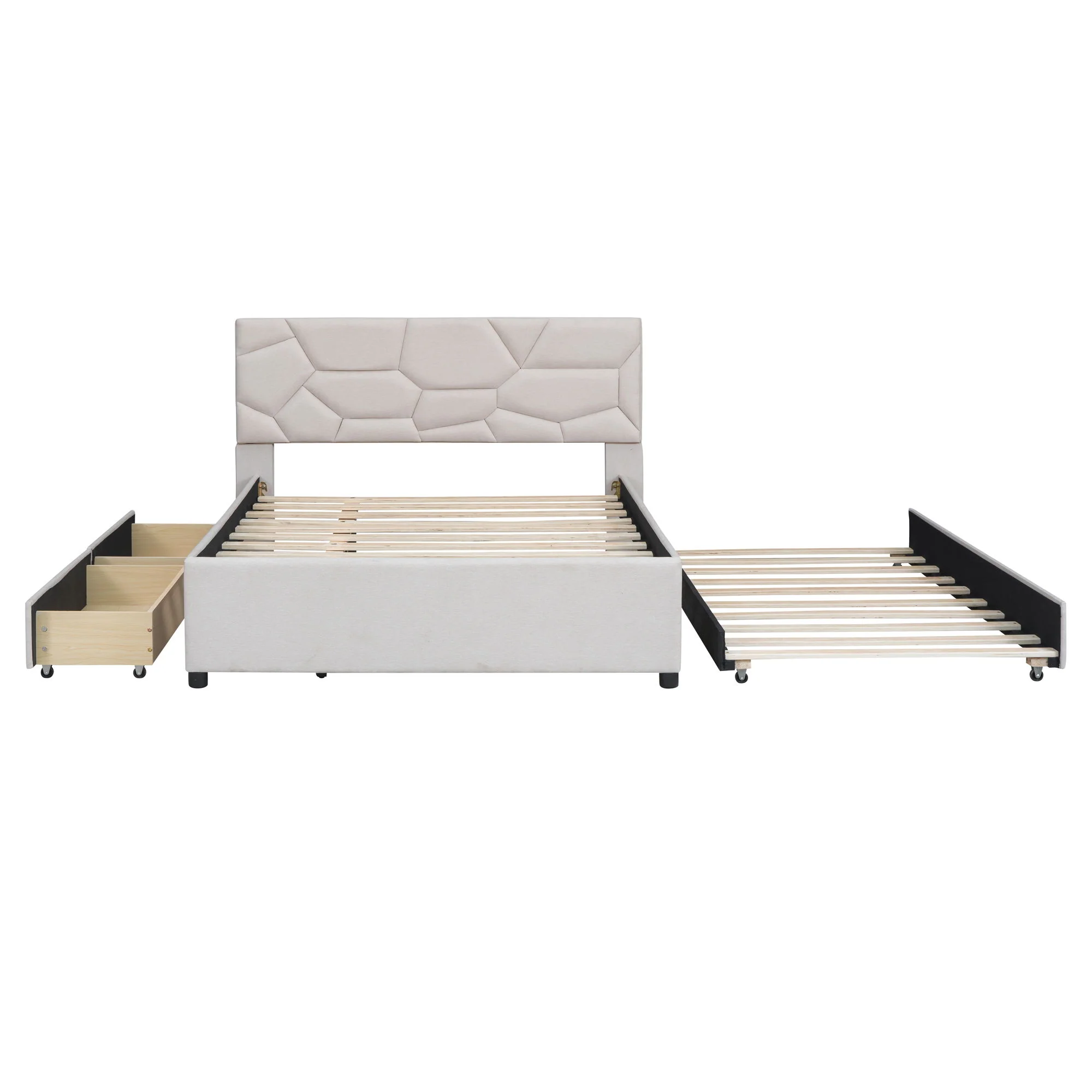 Upholstered Platform Bed With Brick Pattern Headboard And Twin Long Size Trundle - Image 12