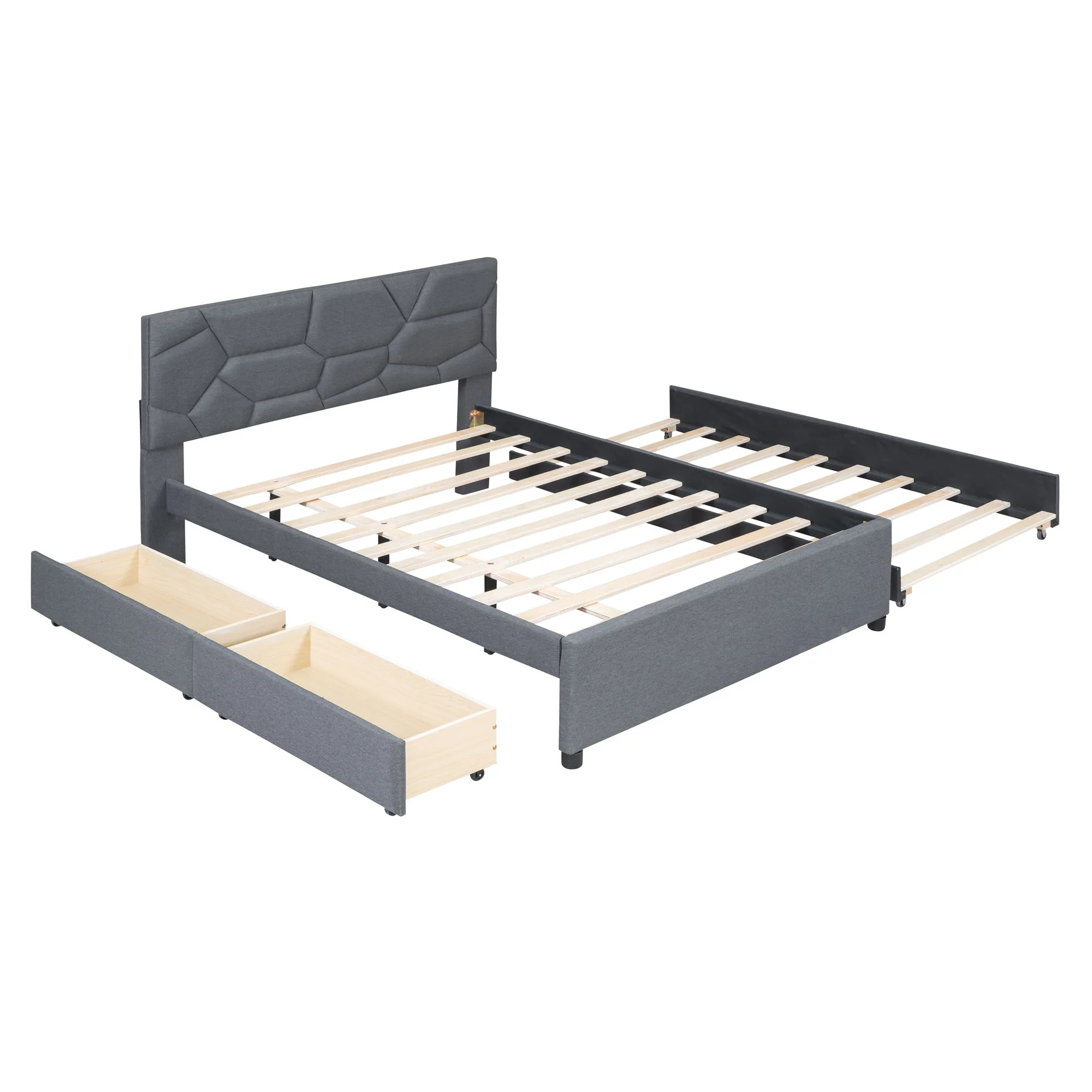 Upholstered Platform Bed With Brick Pattern Headboard And Twin Long Size Trundle - Image 15