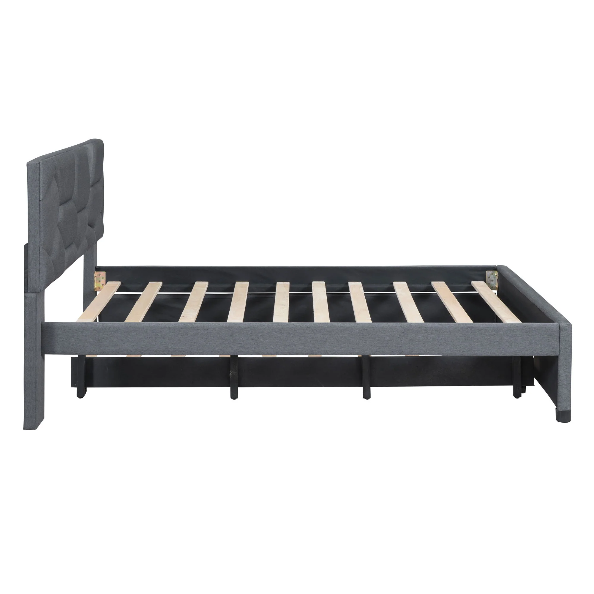 Upholstered Platform Bed With Brick Pattern Headboard And Twin Long Size Trundle - Image 16