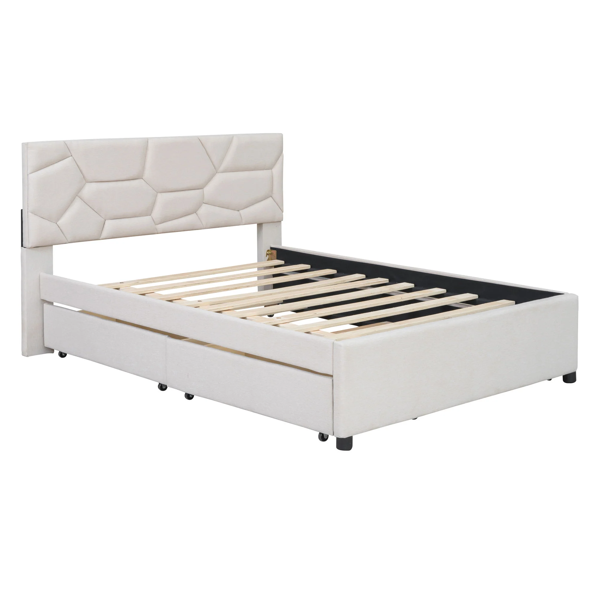 Upholstered Platform Bed With Brick Pattern Headboard And Twin Long Size Trundle - Image 17