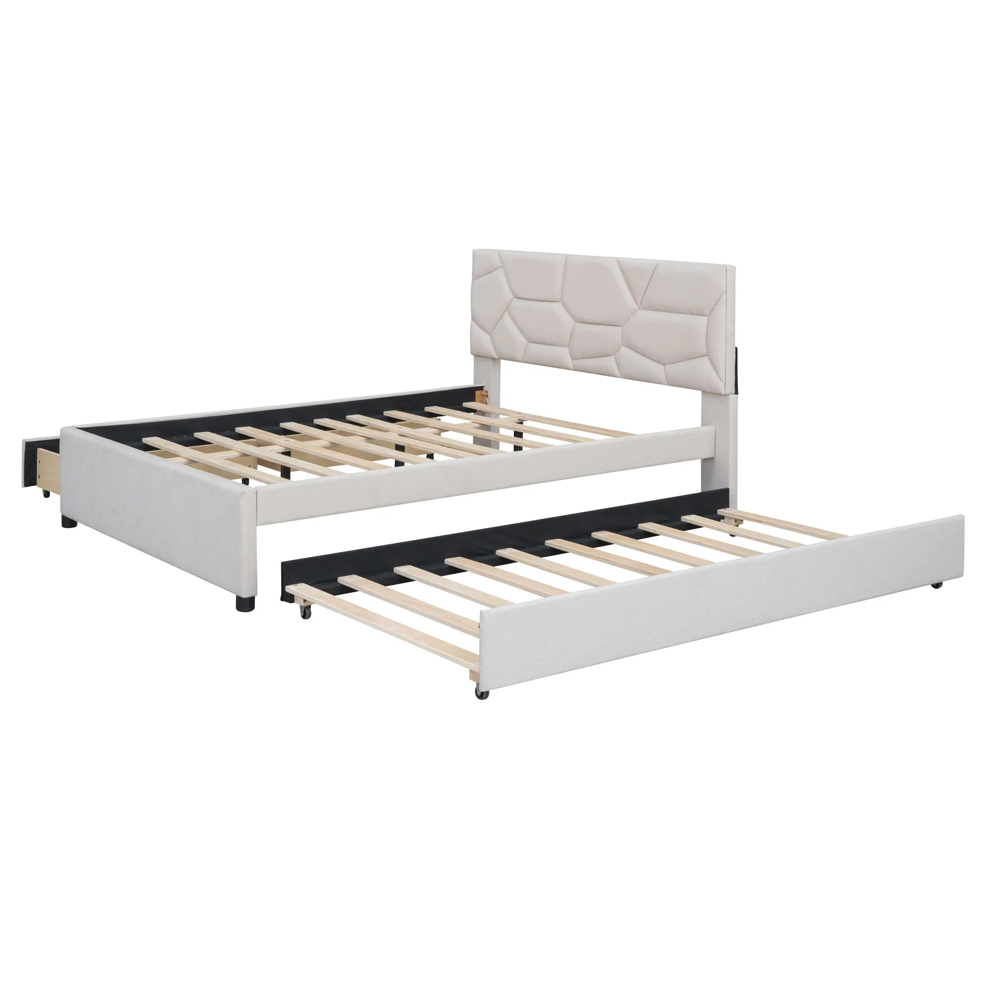 Upholstered Platform Bed With Brick Pattern Headboard And Twin Long Size Trundle - Image 20