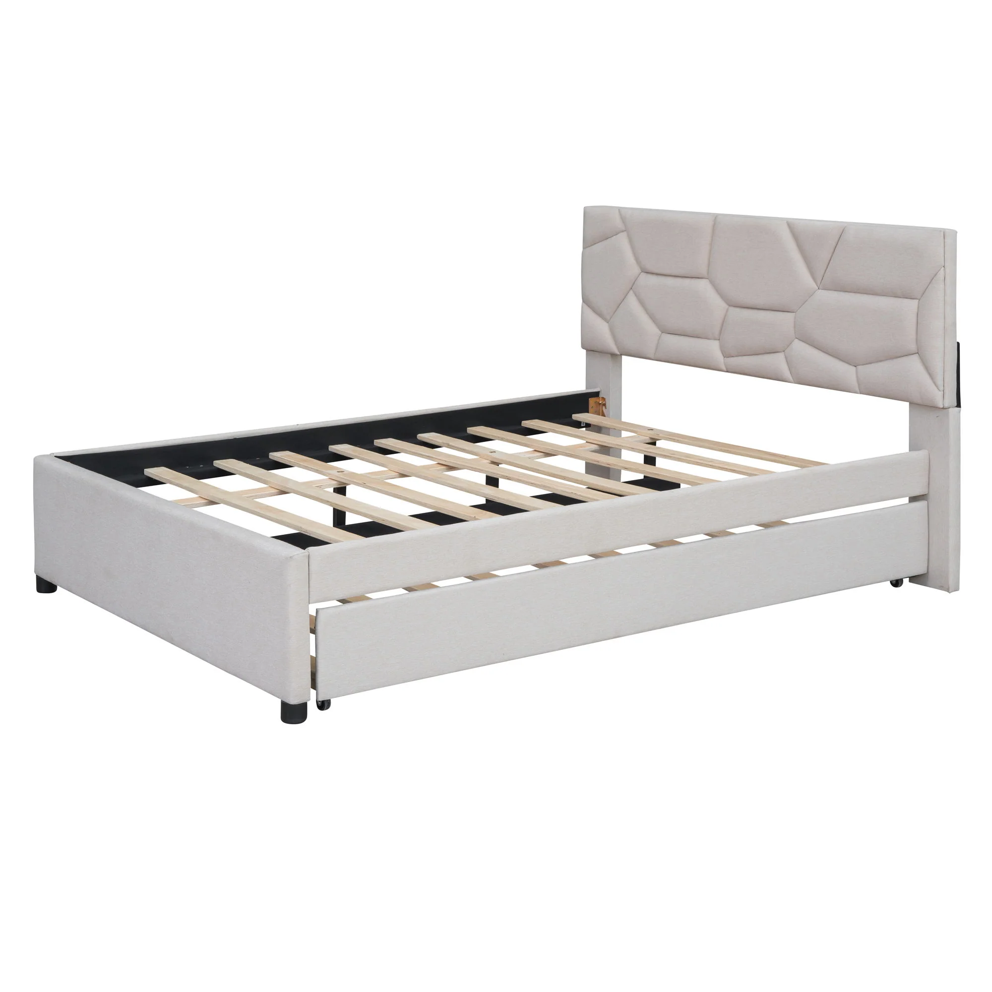 Upholstered Platform Bed With Brick Pattern Headboard And Twin Long Size Trundle - Image 21