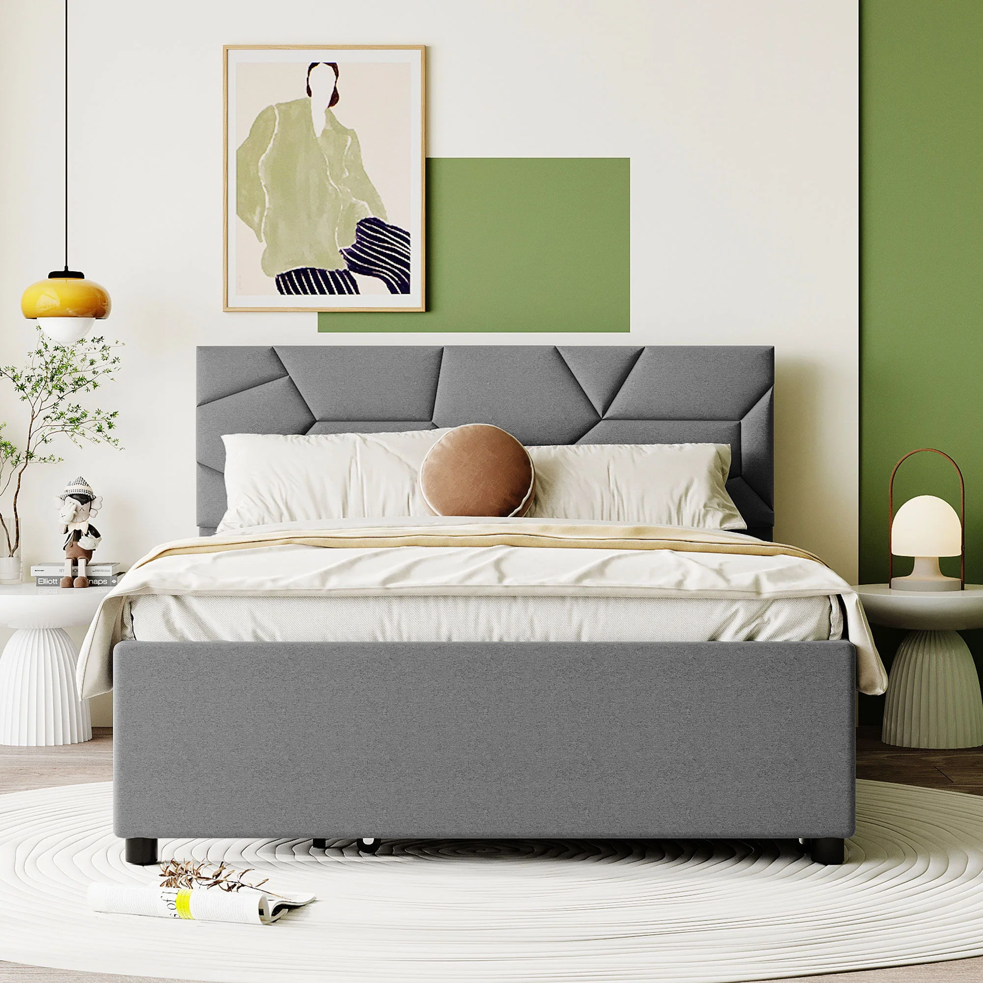 Upholstered Platform Bed With Brick Pattern Headboard And Twin Long Size Trundle - Image 22