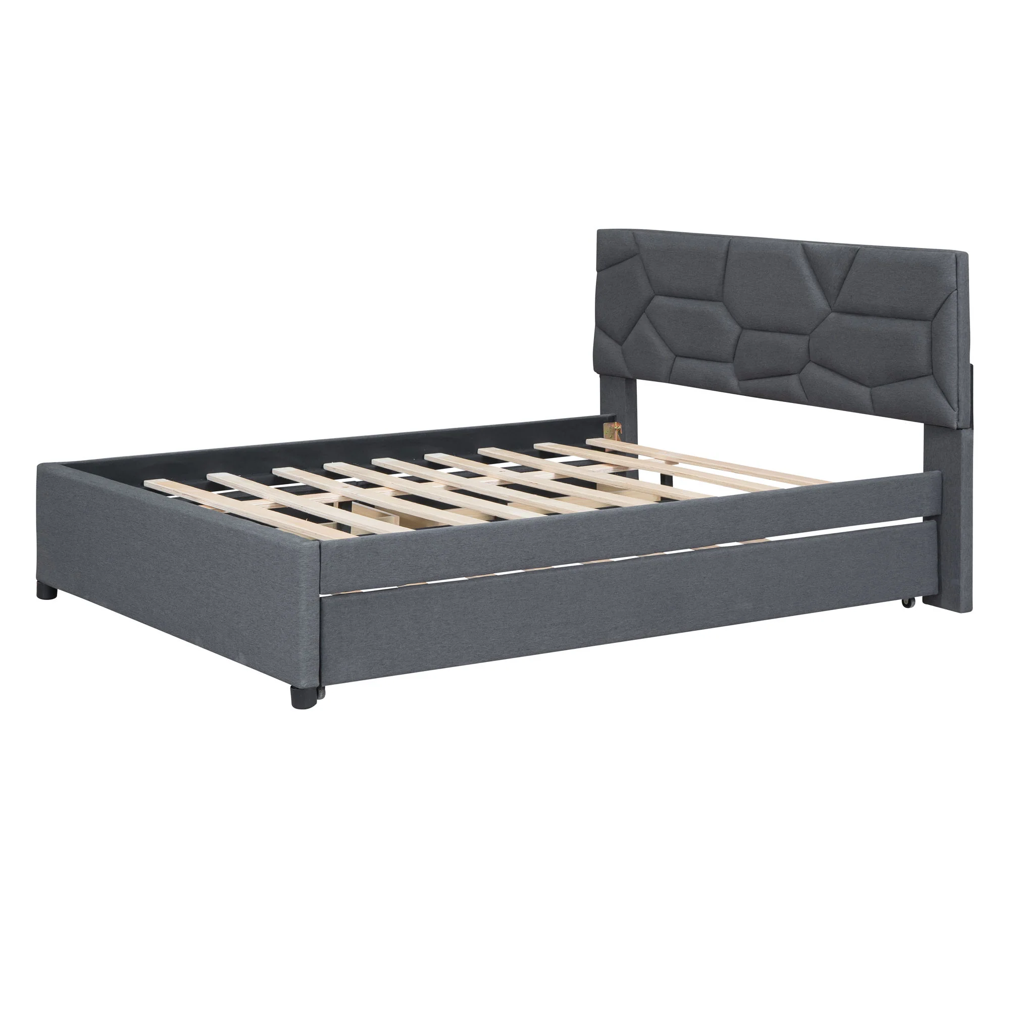 Upholstered Platform Bed With Brick Pattern Headboard And Twin Long Size Trundle - Image 23