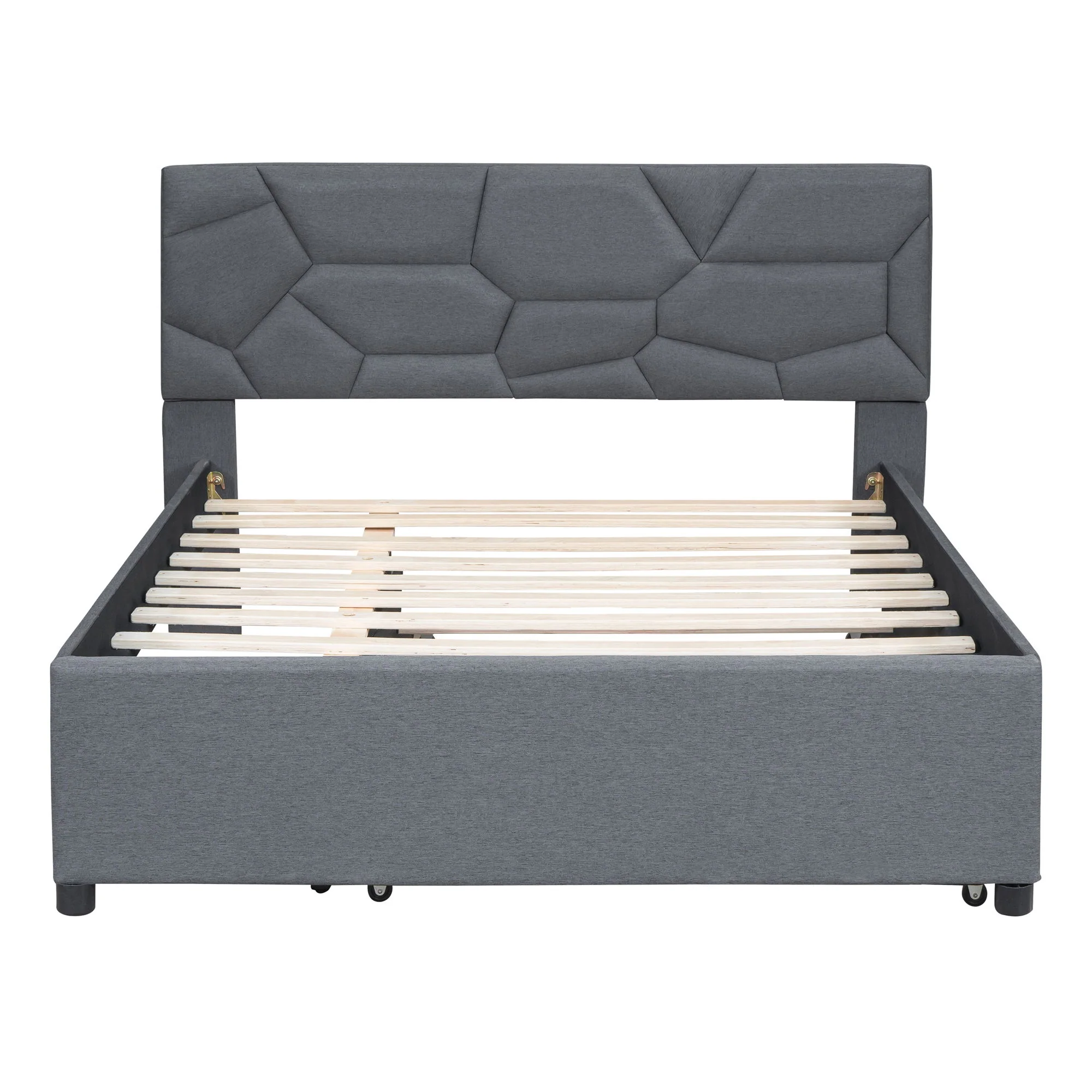 Upholstered Platform Bed With Brick Pattern Headboard And Twin Long Size Trundle - Image 24