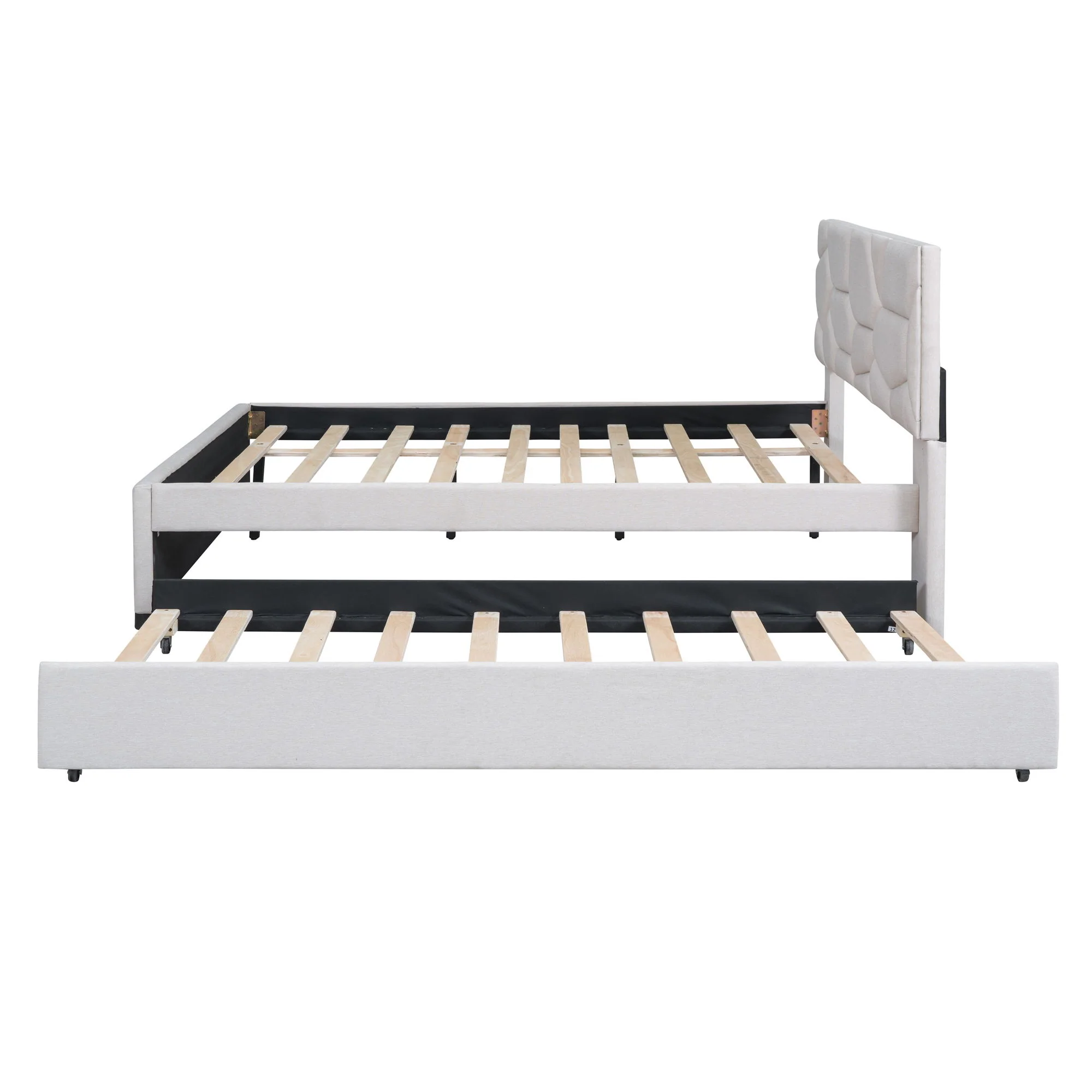 Upholstered Platform Bed With Brick Pattern Headboard And Twin Long Size Trundle - Image 25