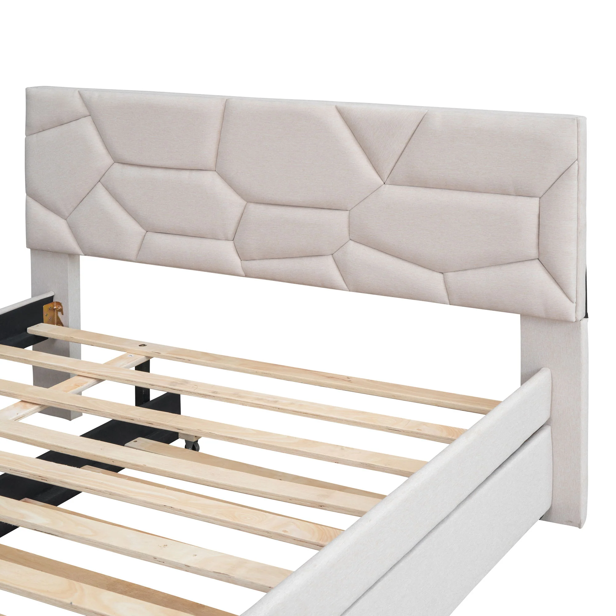 Upholstered Platform Bed With Brick Pattern Headboard And Twin Long Size Trundle - Image 26