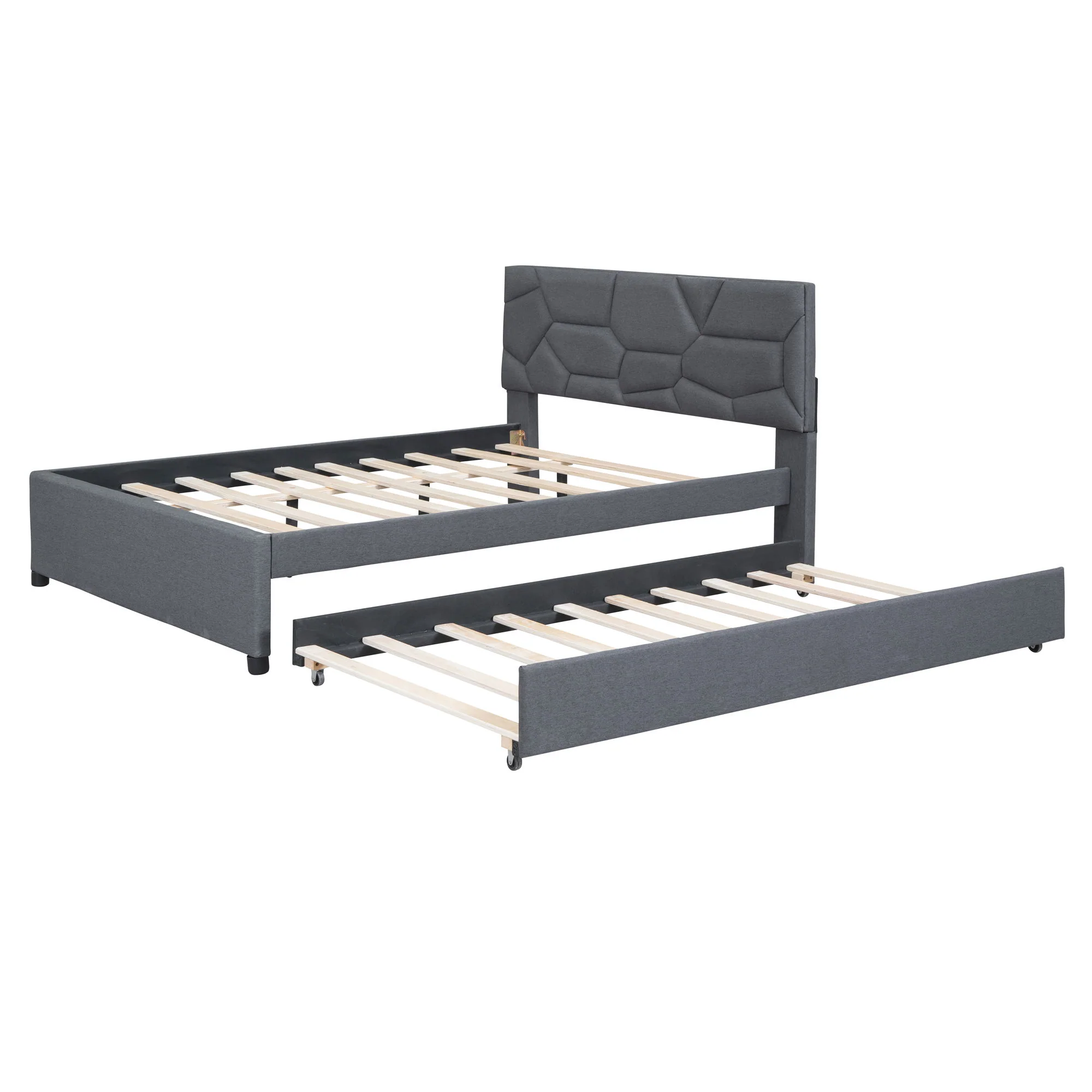 Upholstered Platform Bed With Brick Pattern Headboard And Twin Long Size Trundle - Image 27