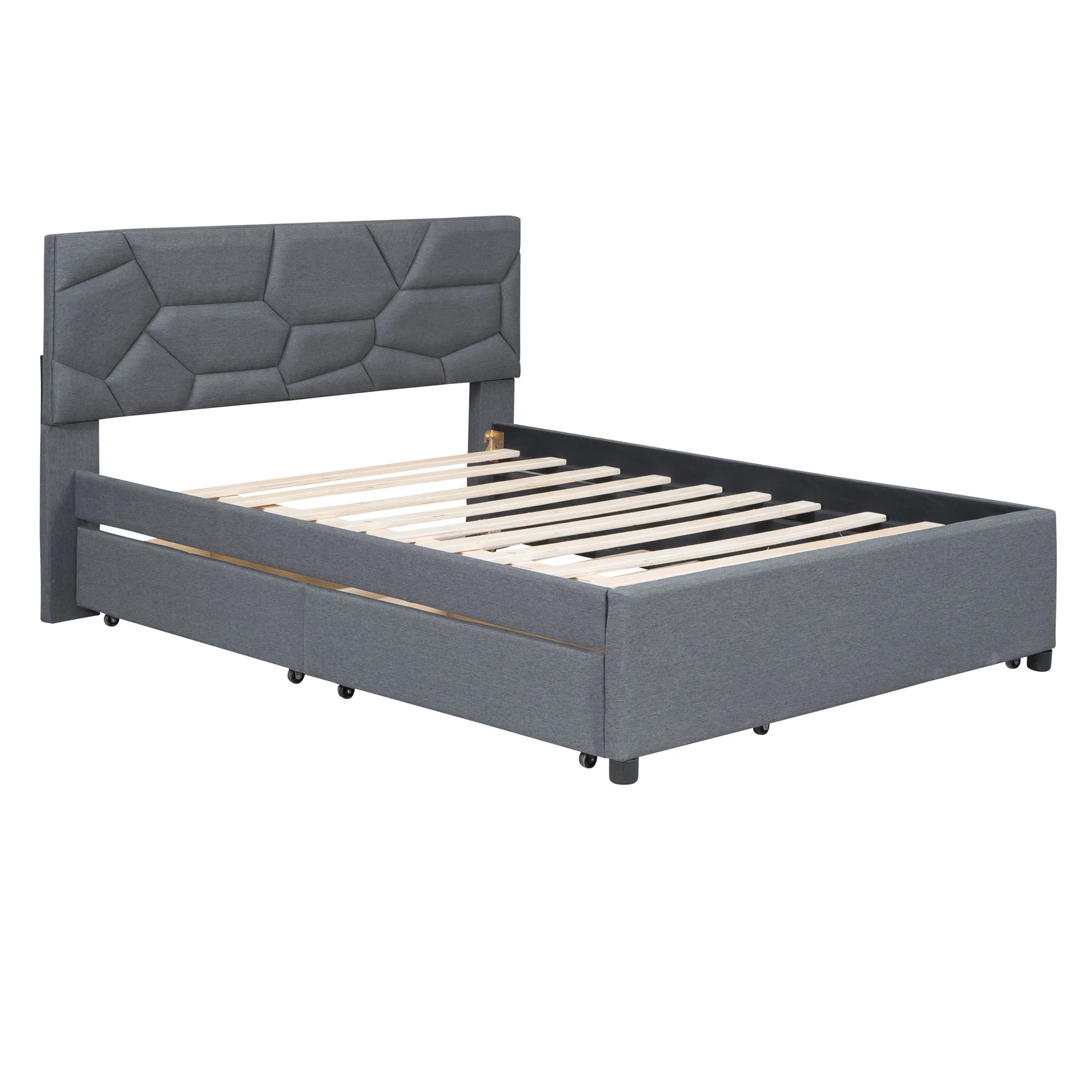 Upholstered Platform Bed With Brick Pattern Headboard And Twin Long Size Trundle - Image 28