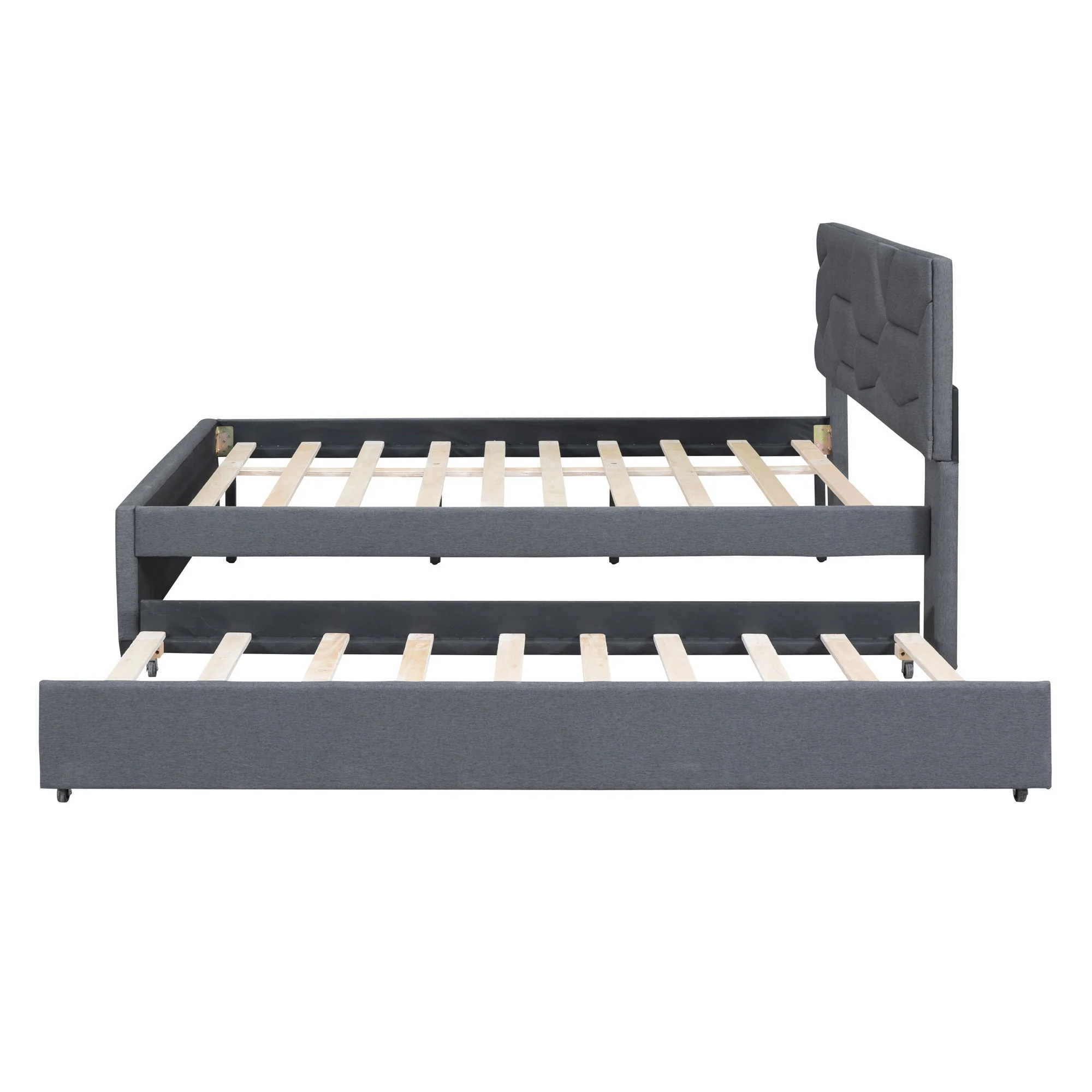 Upholstered Platform Bed With Brick Pattern Headboard And Twin Long Size Trundle - Image 29