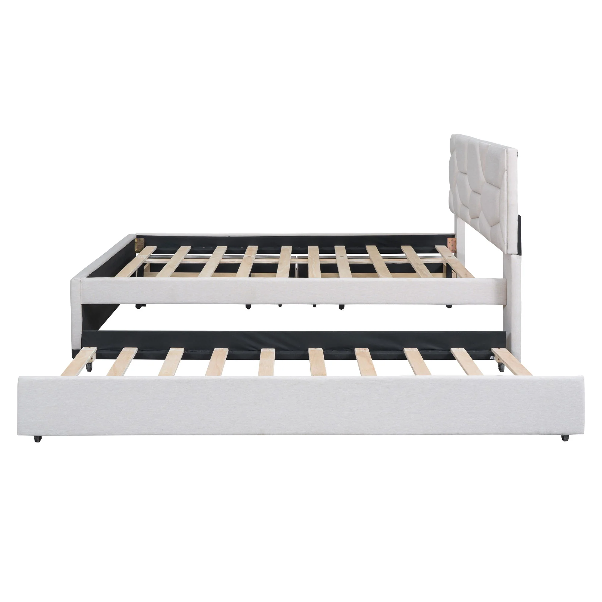 Upholstered Platform Bed With Brick Pattern Headboard And Twin Long Size Trundle - Image 30