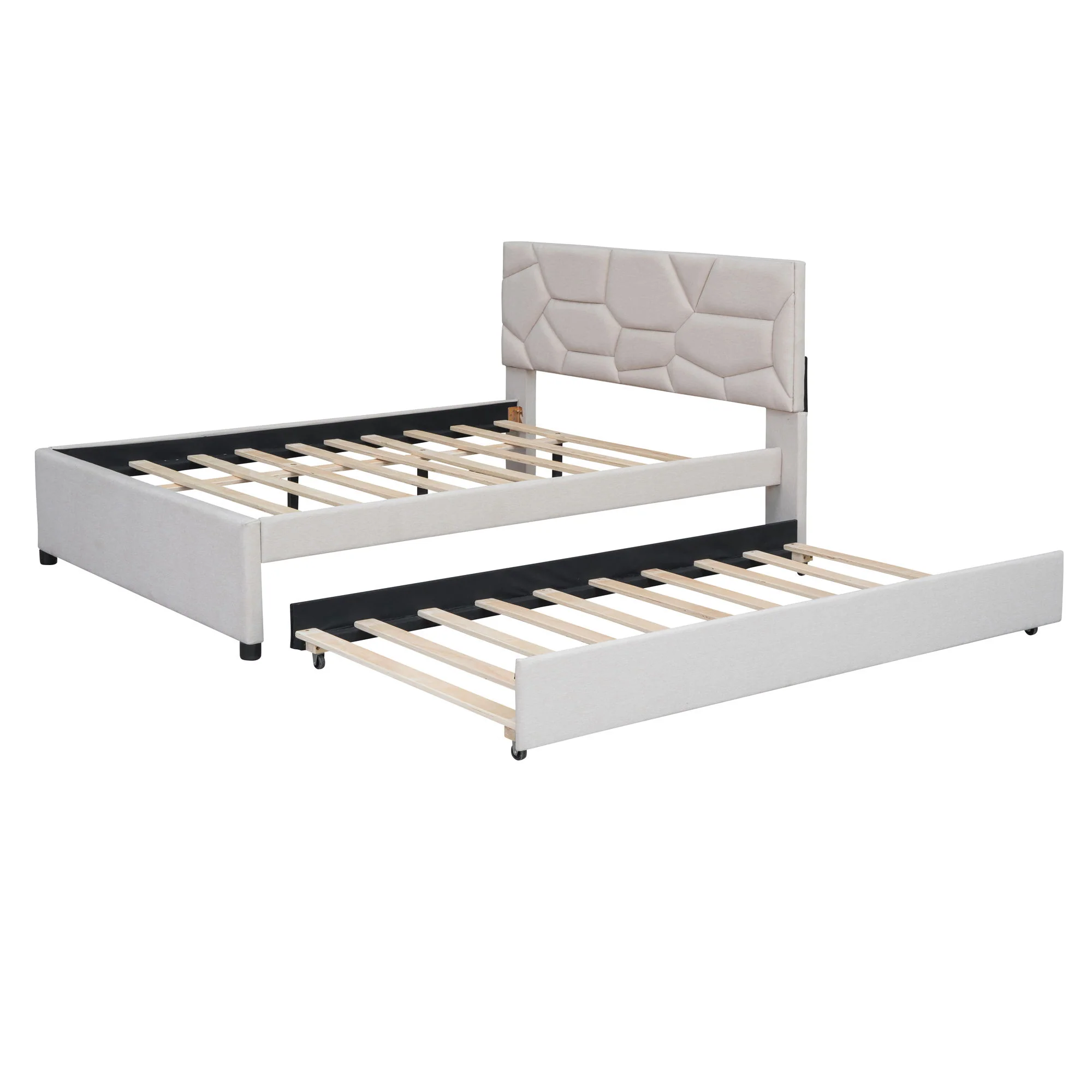 Upholstered Platform Bed With Brick Pattern Headboard And Twin Long Size Trundle - Image 31