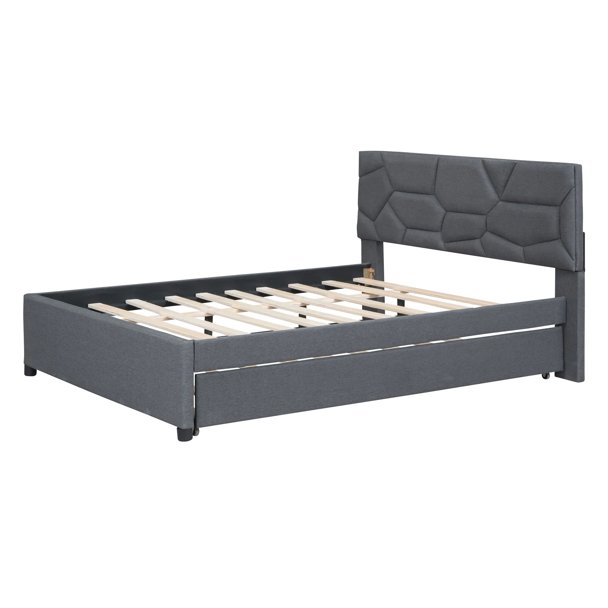 Upholstered Platform Bed With Brick Pattern Headboard And Twin Long Size Trundle - Image 32