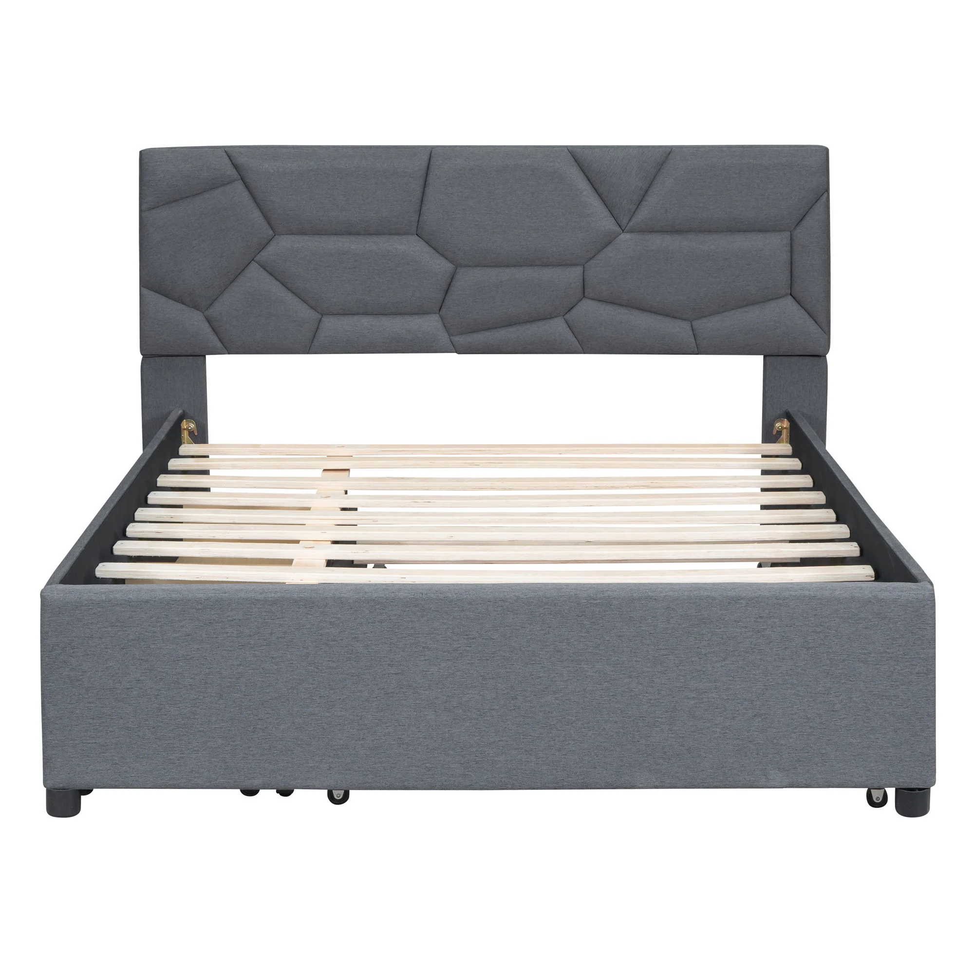 Upholstered Platform Bed With Brick Pattern Headboard And Twin Long Size Trundle - Image 35