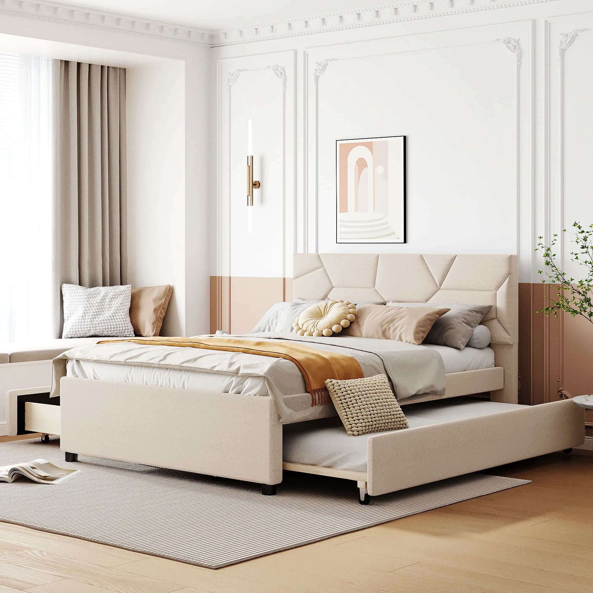Upholstered Platform Bed With Brick Pattern Headboard And Twin Long Size Trundle - Image 4
