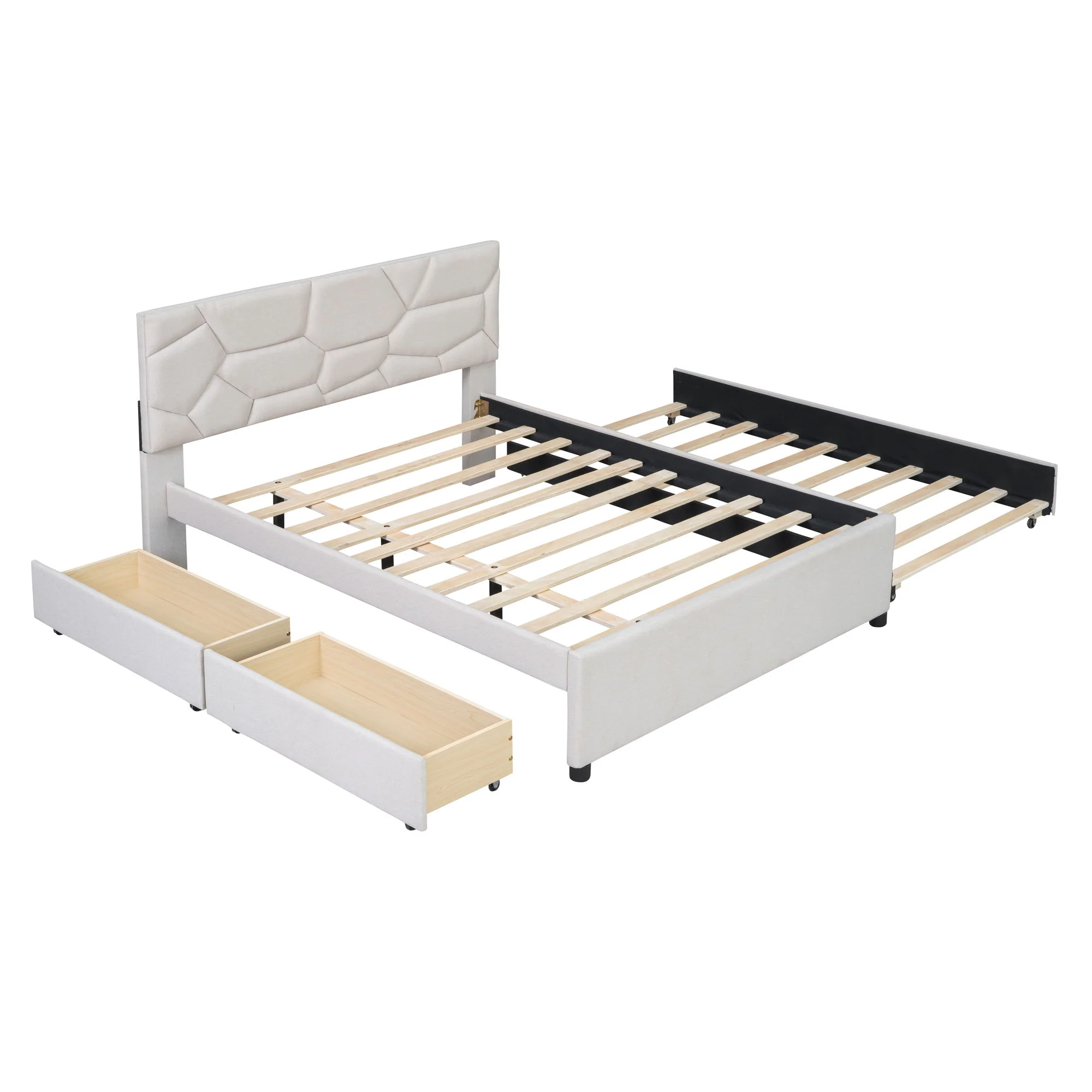 Upholstered Platform Bed With Brick Pattern Headboard And Twin Long Size Trundle - Image 5