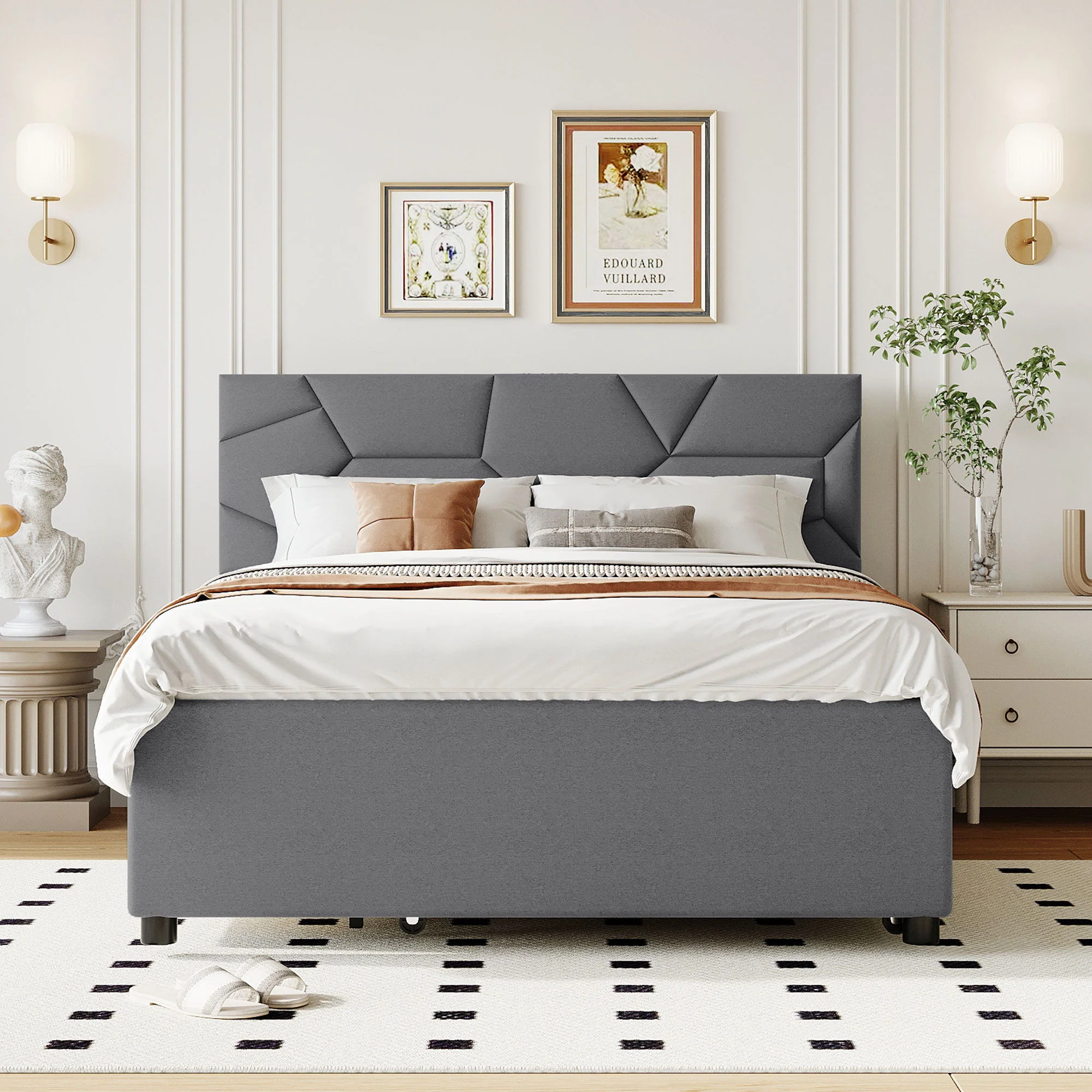 Upholstered Platform Bed With Brick Pattern Headboard And Twin Long Size Trundle - Image 7