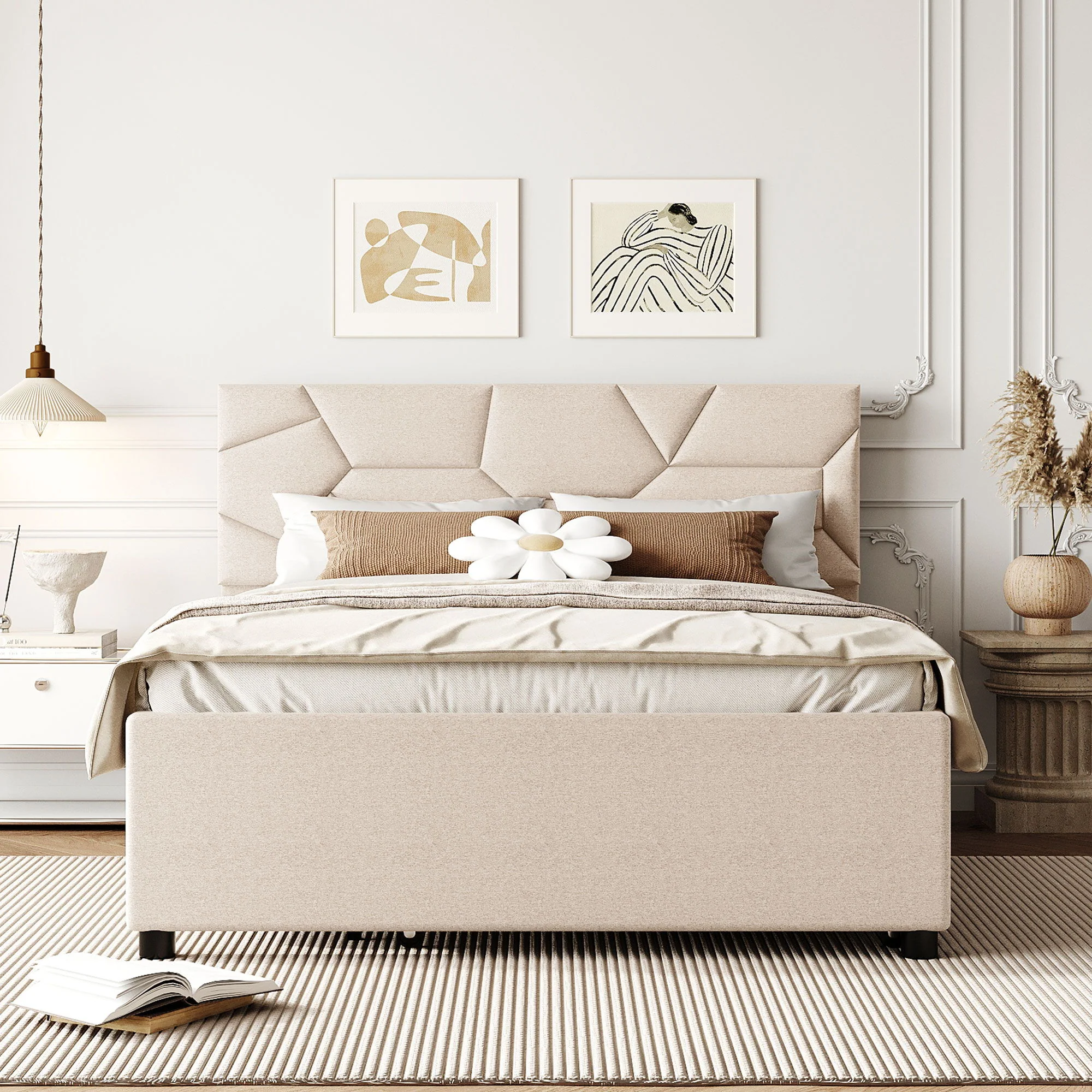 Upholstered Platform Bed With Brick Pattern Headboard And Twin Long Size Trundle - Image 8