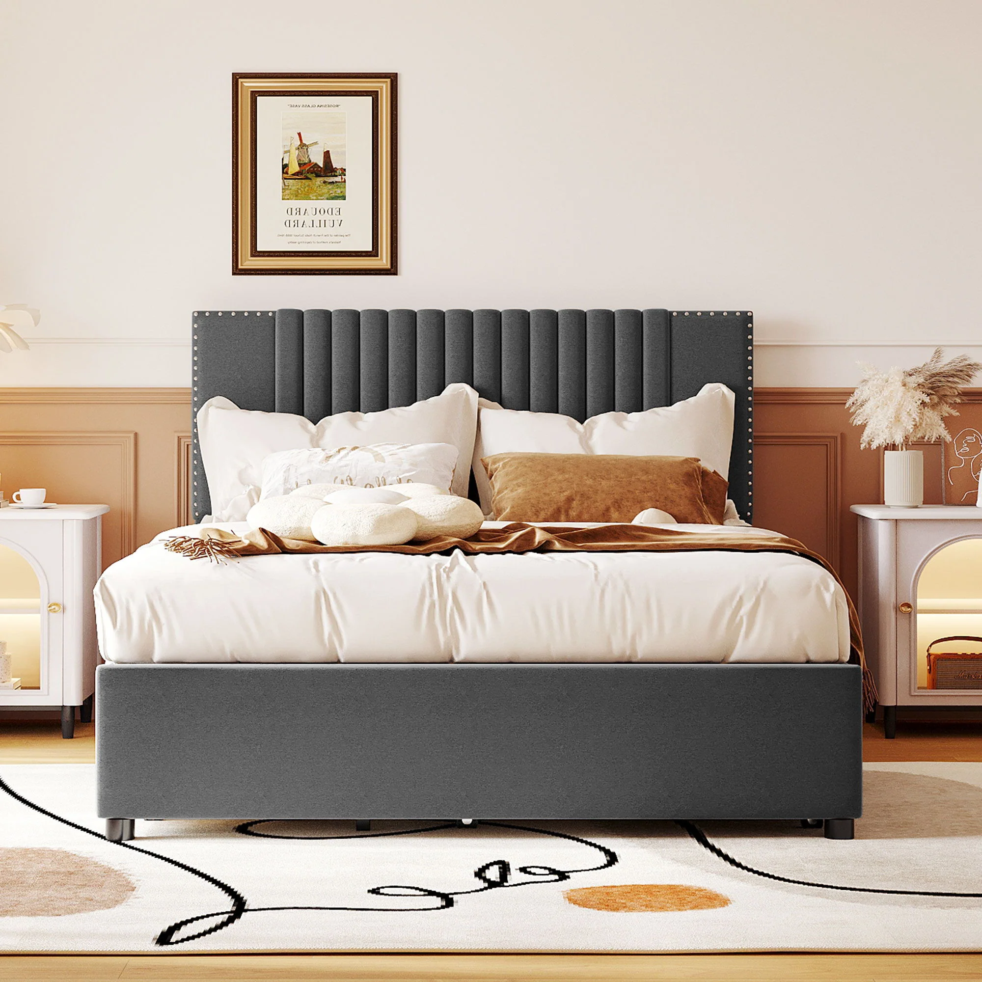 Upholstered Platform Bed With Drawers, Classic Headboard Design - Image 27