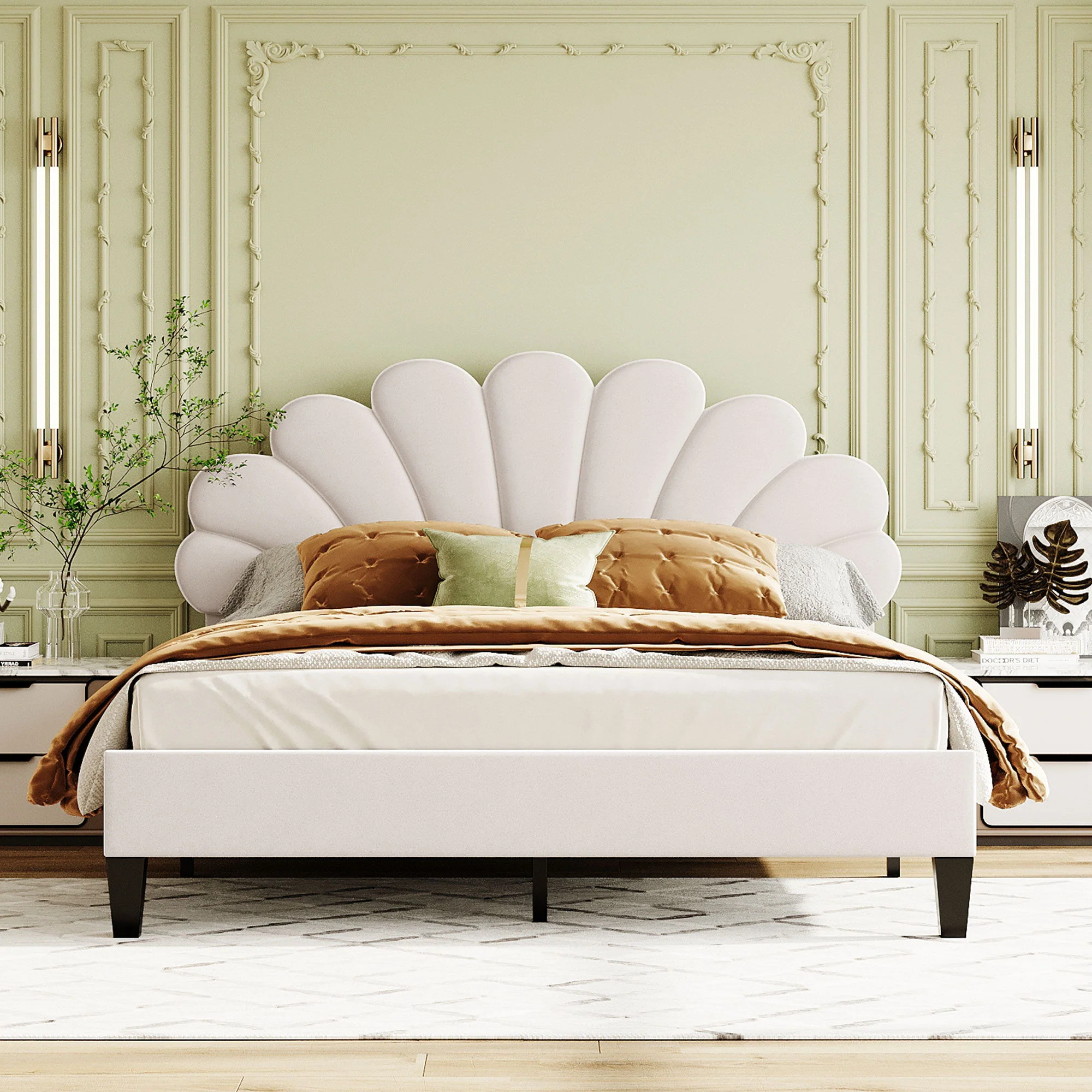 Upholstered Platform Bed With Flower Pattern Headboard - Image 30