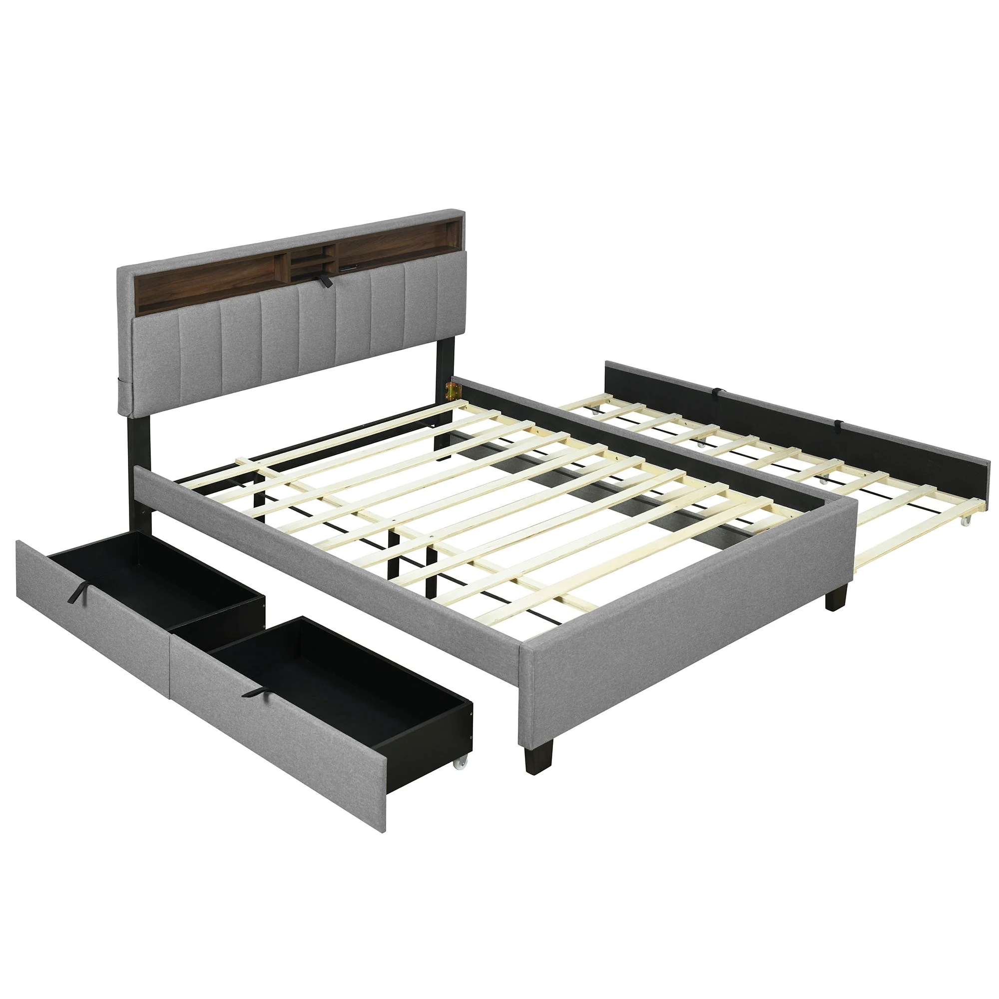 Upholstered Platform Bed With Storage Headboard, Trundle & 2 Drawers And A Set Of Sockets & USB Ports - Image 13