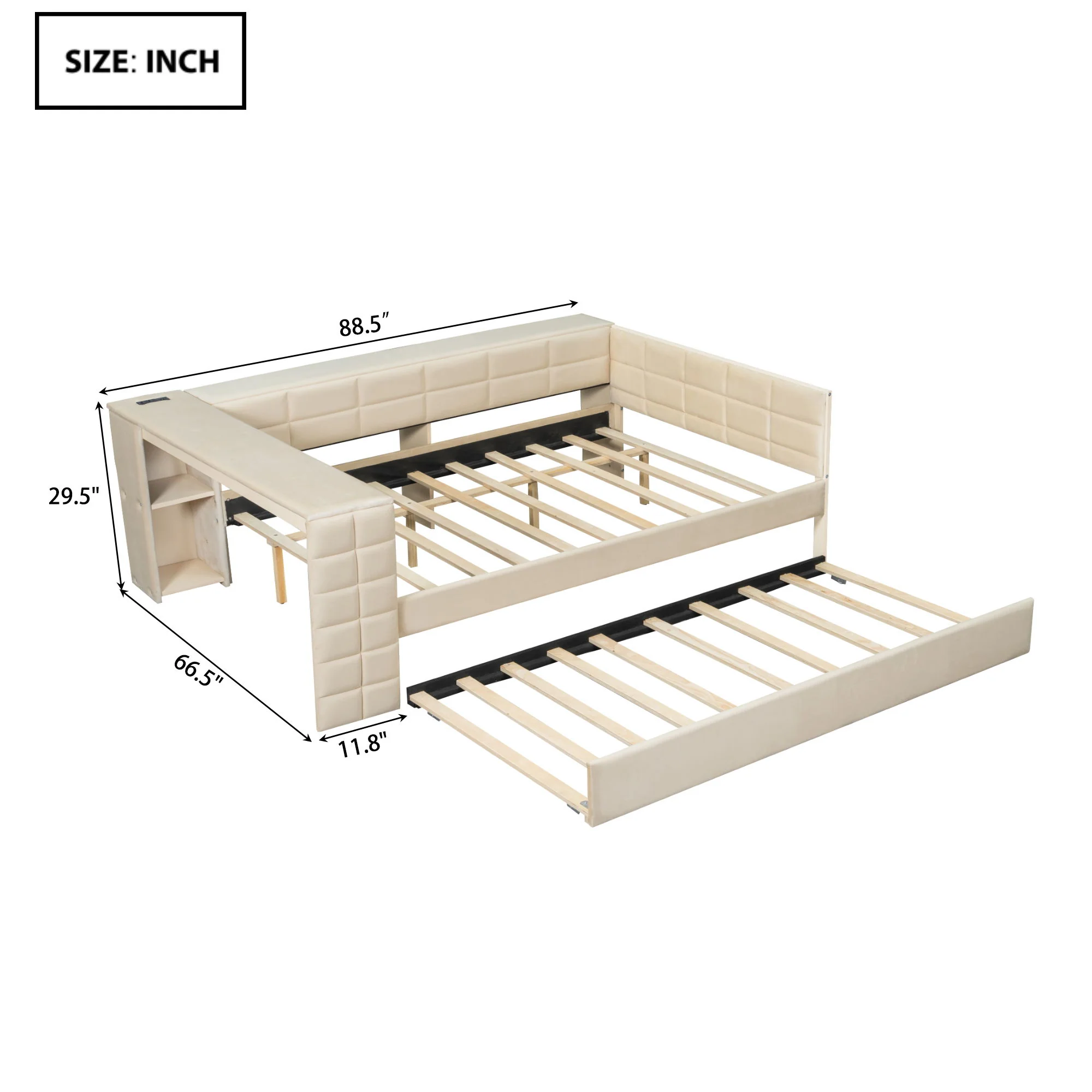 Upholstered Platform Bed With Storage Shelves, Desk, Charging Station And Trundle - Image 15
