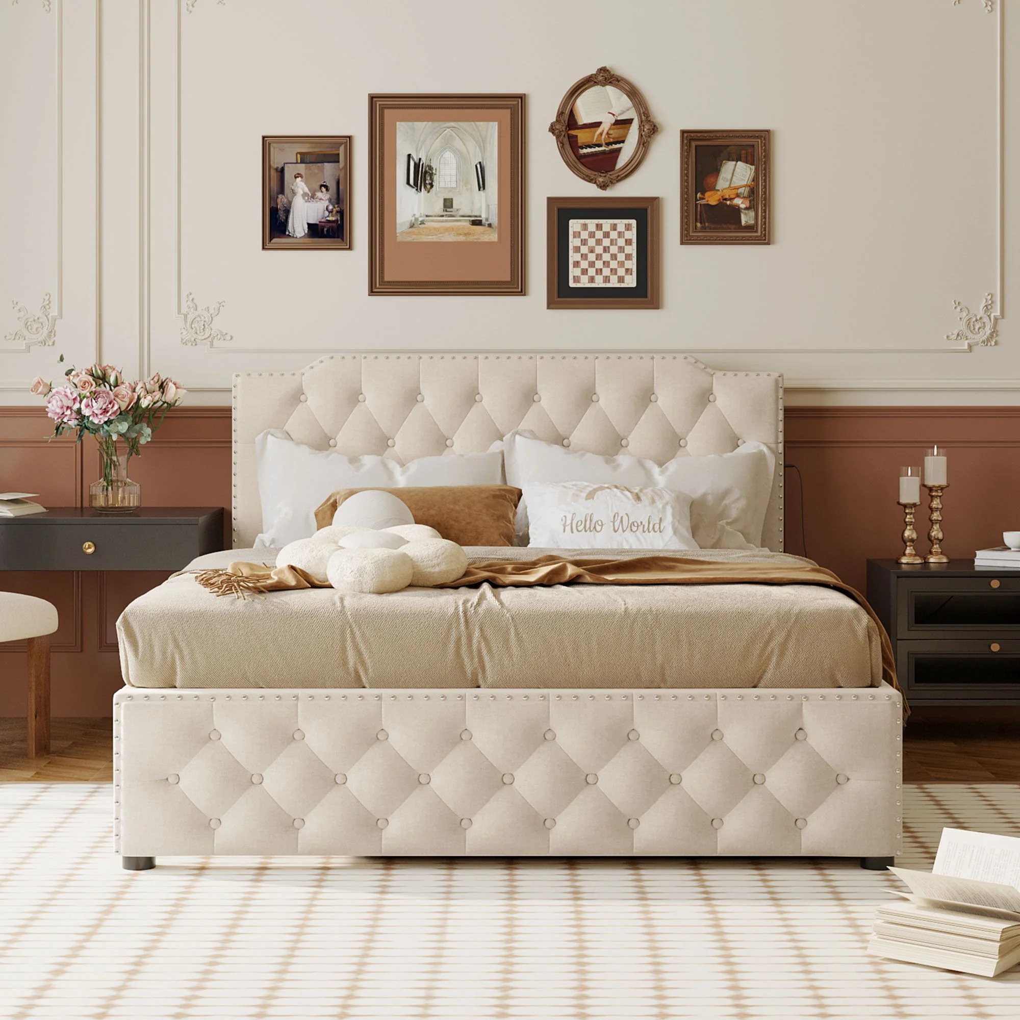 Upholstered Platform Bed With Trundle And 2 Sets Of USB Ports On Each Side, Fabric - Image 18