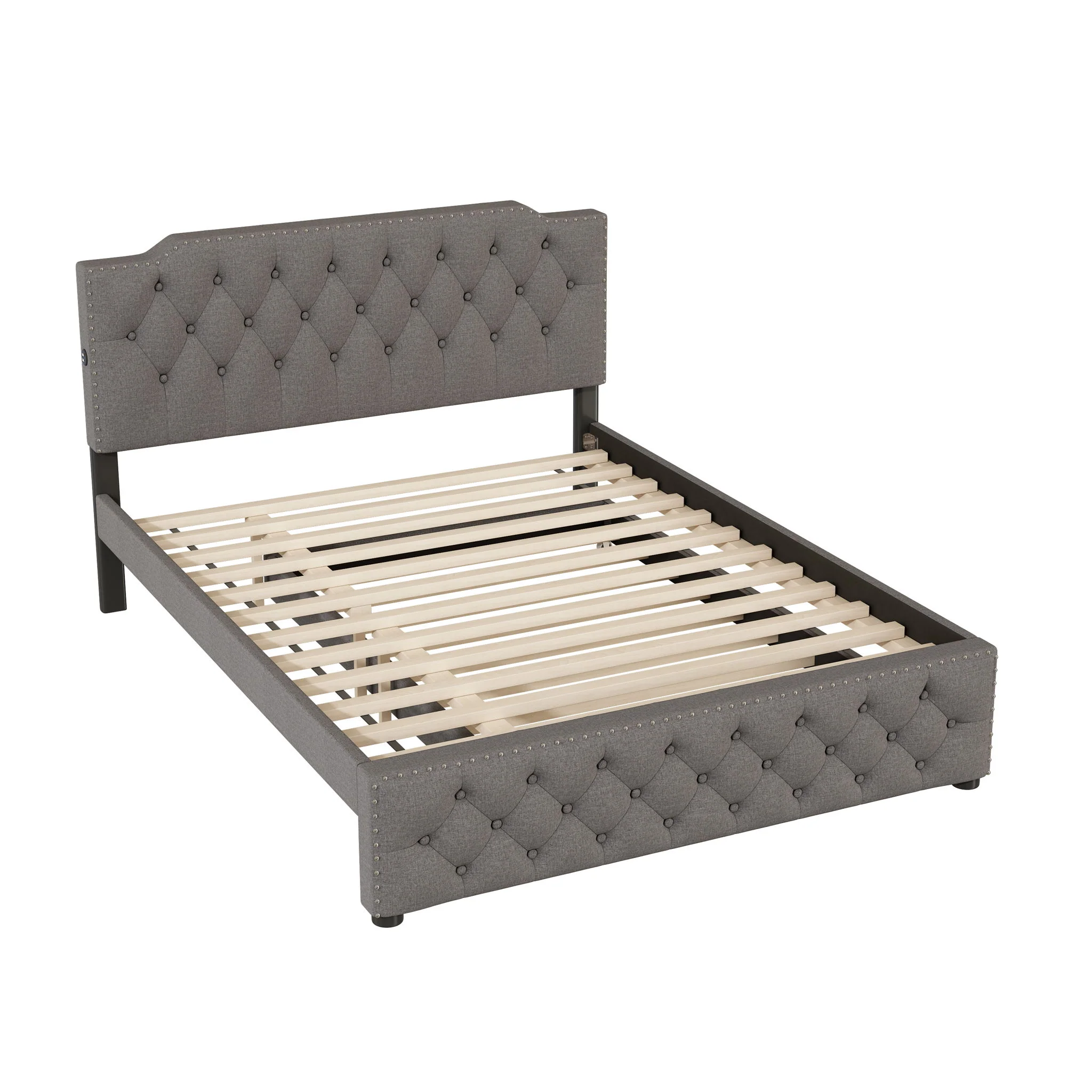 Upholstered Platform Bed With Trundle And 2 Sets Of USB Ports On Each Side, Fabric - Image 6