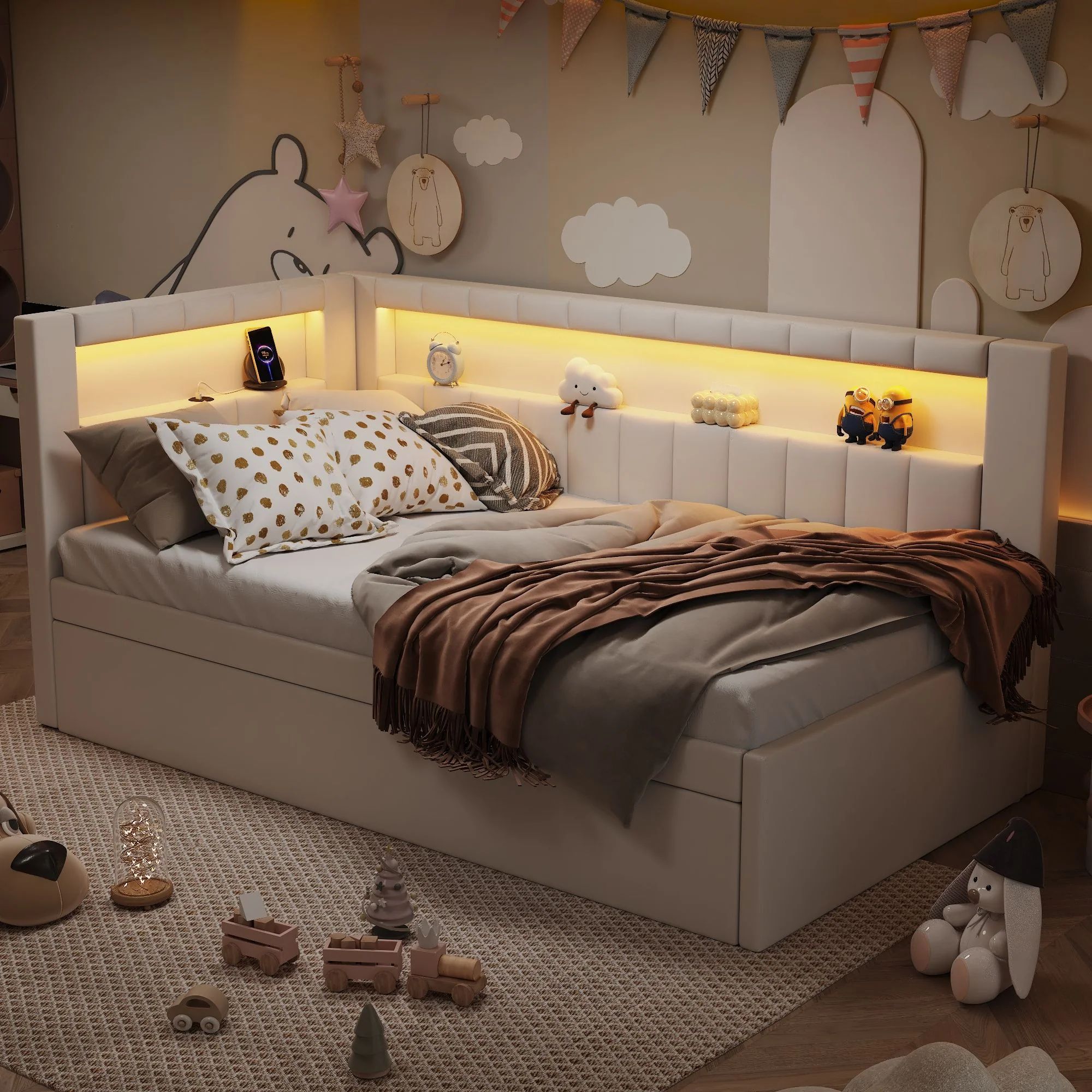 Upholstered Platform Bed With USB Ports And LED Belt - Image 12