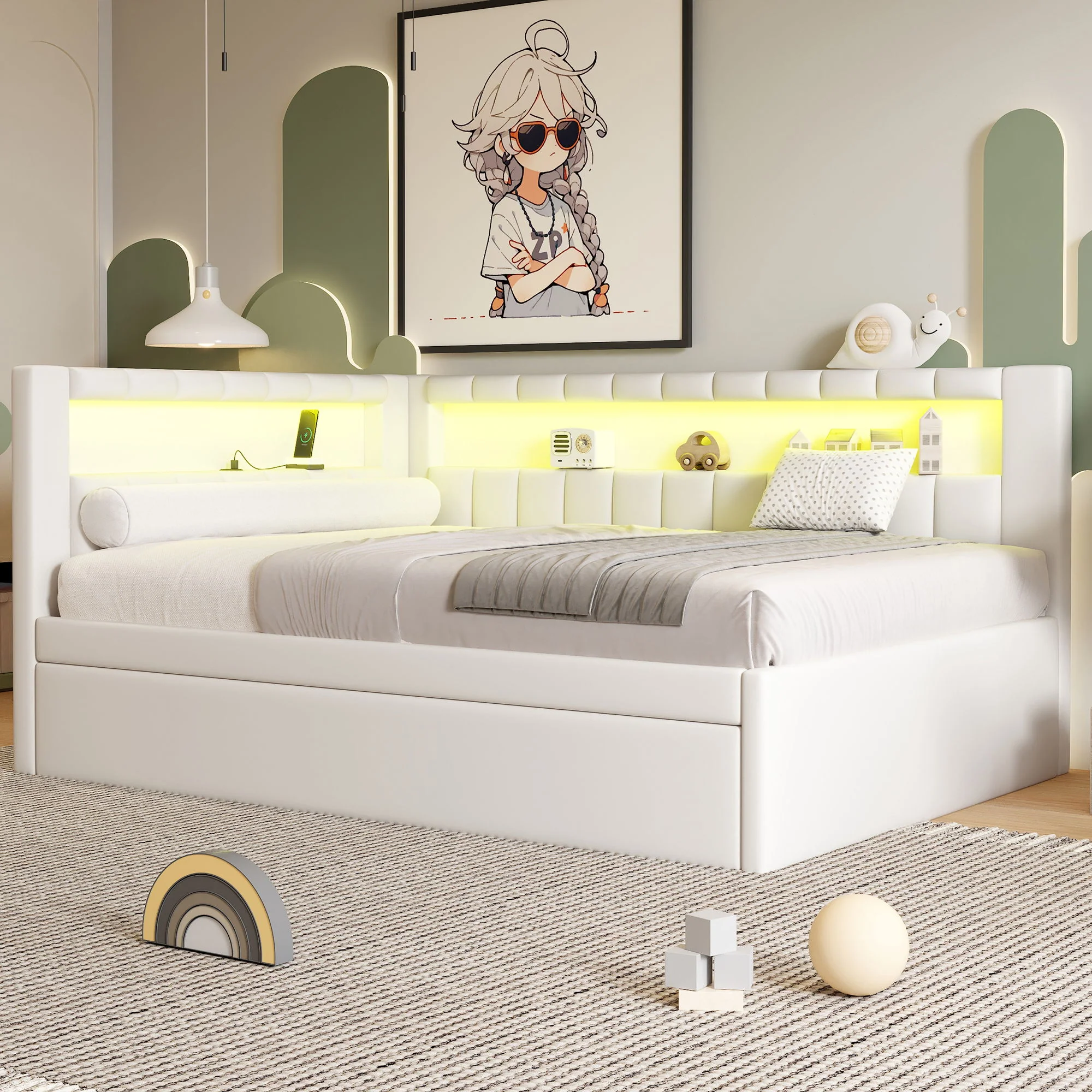 Upholstered Platform Bed With USB Ports And LED Belt - Image 50