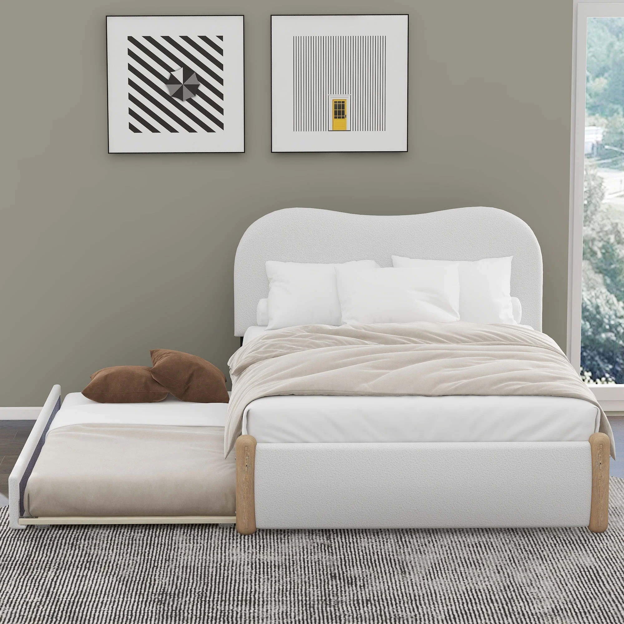 Upholstered Platform Bed With Wood Supporting Feet And Trundle - Image 11