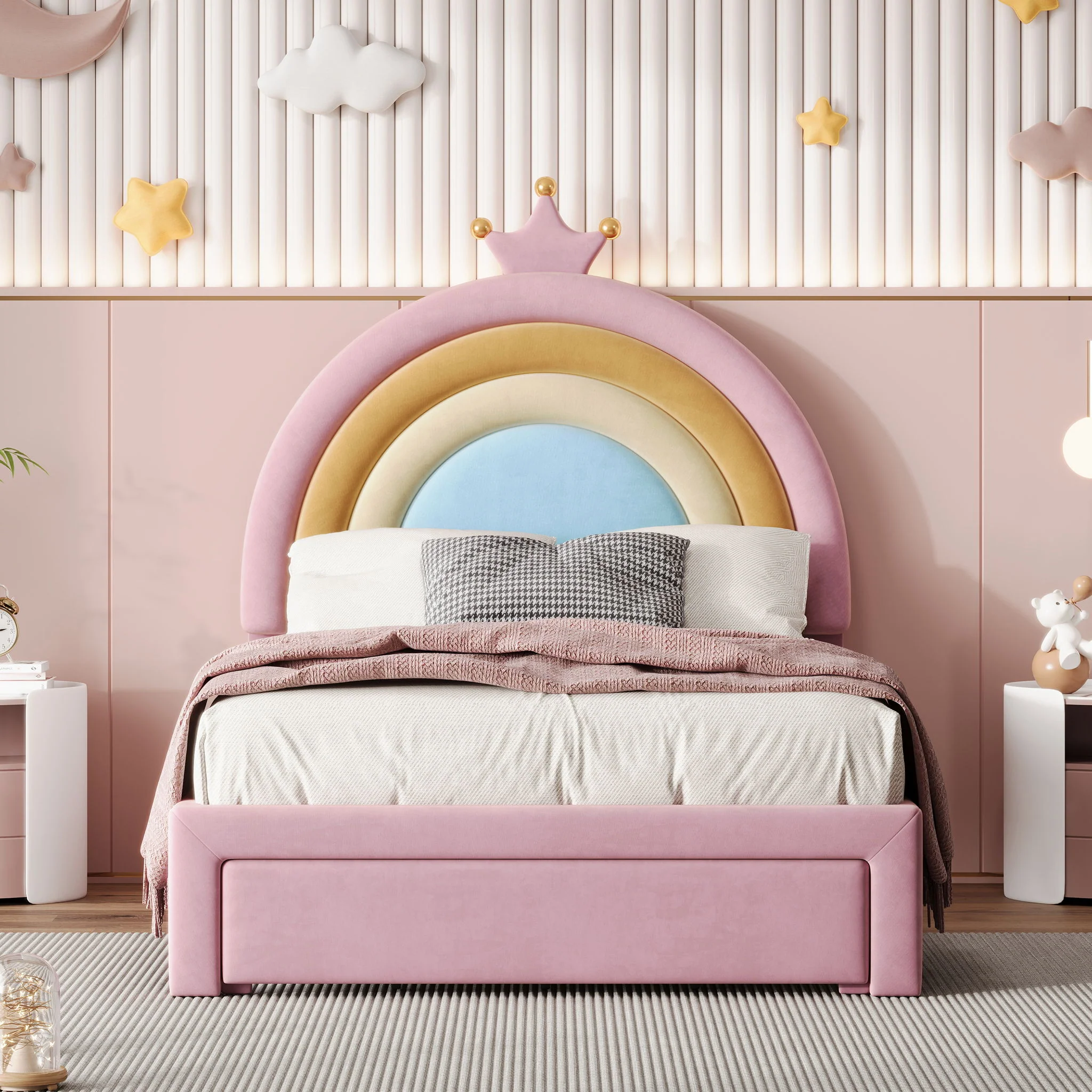 Upholstered Rainbow Design Bed, Princess Platform Bed With Storage Drawer - Image 6
