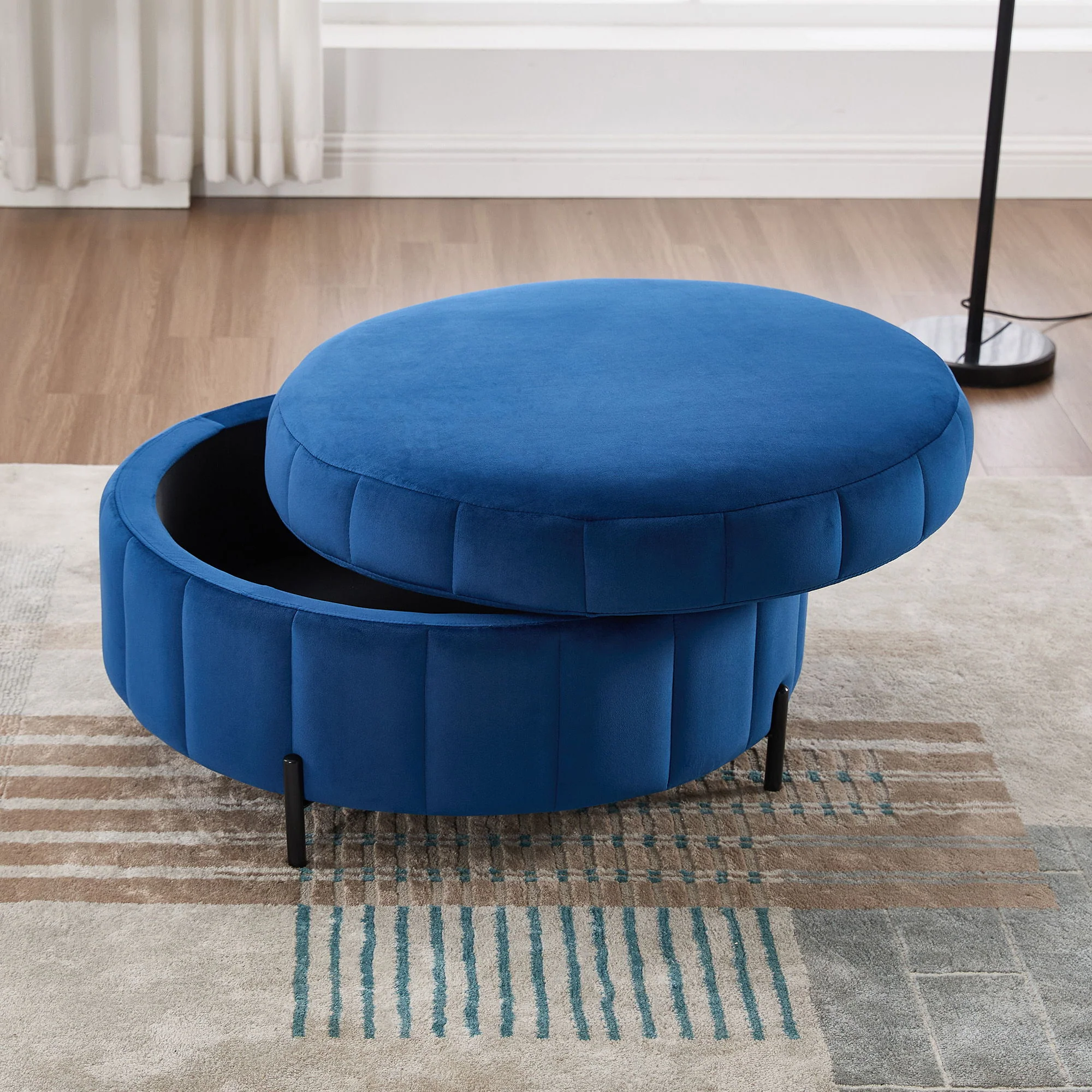 Upholstered Round Ottoman With Reversible Lid, Channel Tufted Pumpkin Shape - Image 10
